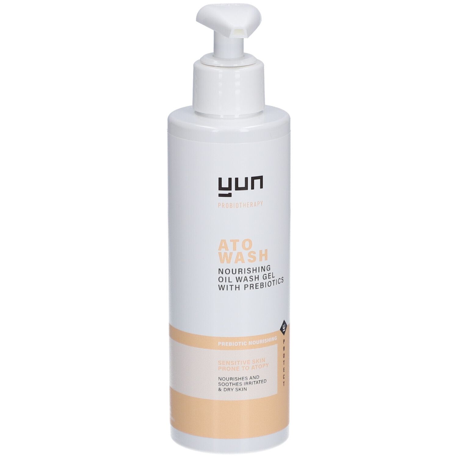 Weiße Flasche mit Pumpe. Aufschrift: YUN ATO WASH, nährendes Öl-Waschgel mit Präbiotika.