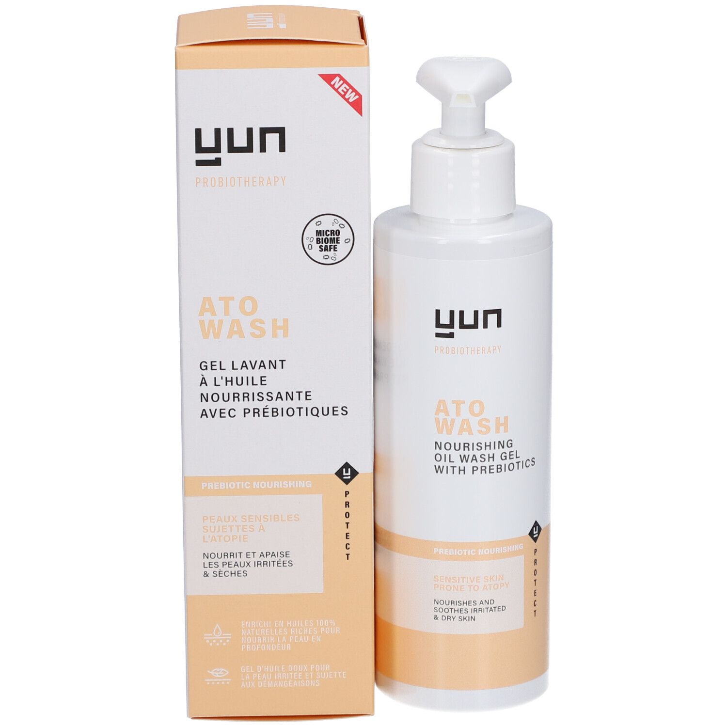 Produktverpackung. Karton mit Aufschrift: YUN ATO WASH, Gel lavant à l'huile nourrissante avec prébiotiques.