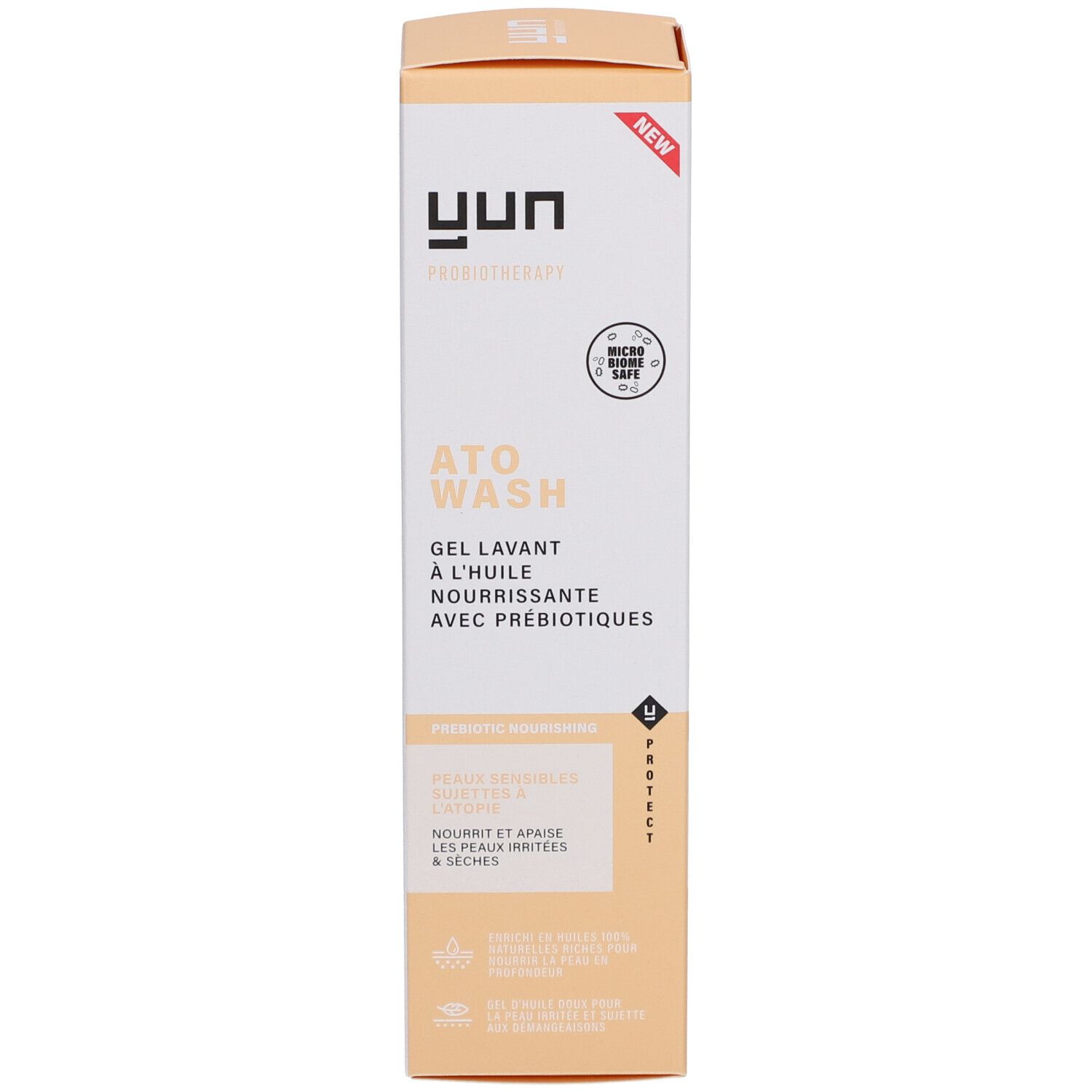 Produktverpackung. Karton mit Aufschrift: YUN ATO WASH, Gel lavant à l'huile nourrissante avec prébiotiques.