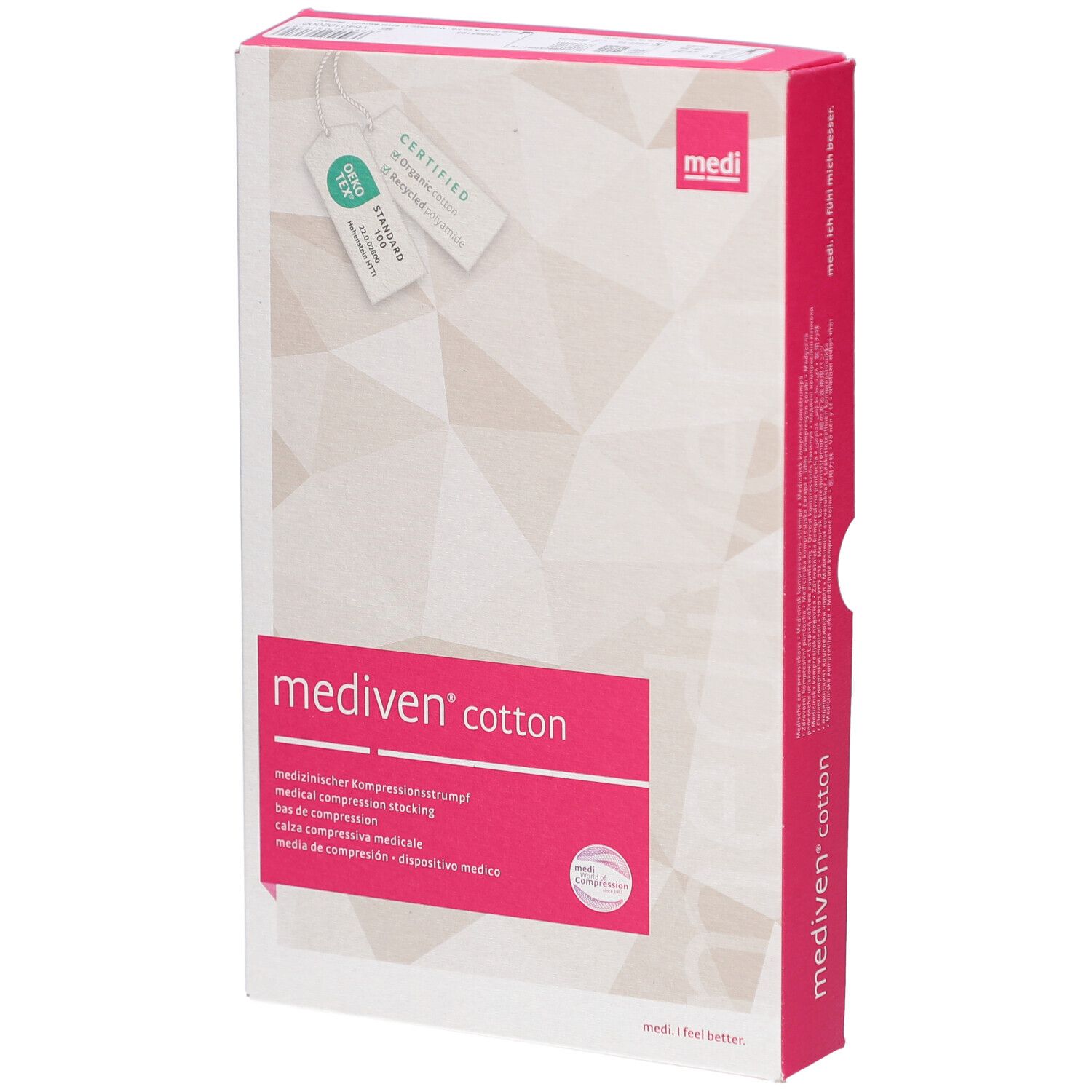Verpackung von Mediven Cotton Kompressionsstrümpfen. Weiß mit rosa Akzenten. Text: medi, Cotton, medizinischer Kompressionsstrumpf.