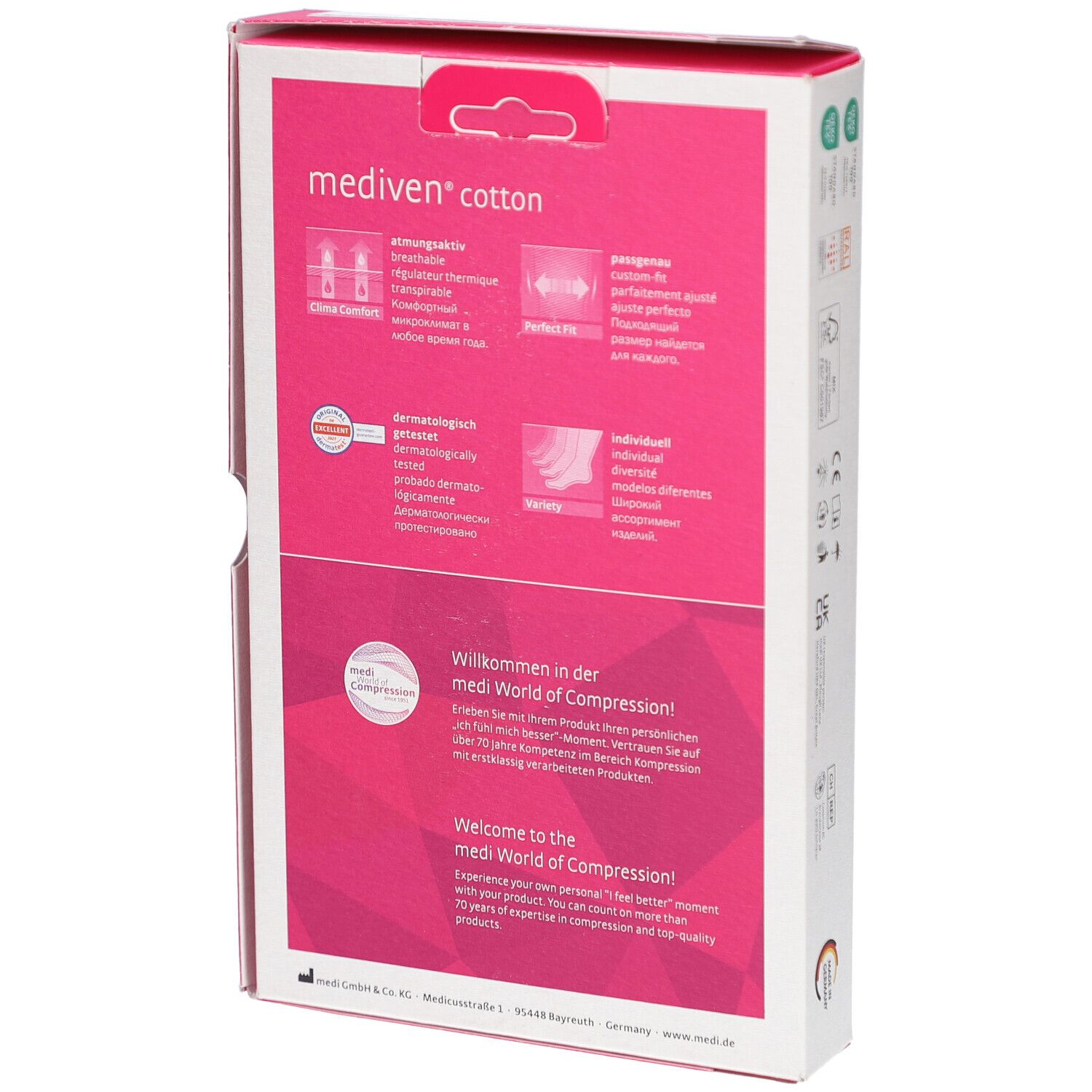 Rückseite der Mediven Cotton Verpackung. Weiß mit rosa Akzenten. Text: medi, Cotton. Informationen zu Eigenschaften und Zertifizierungen.
