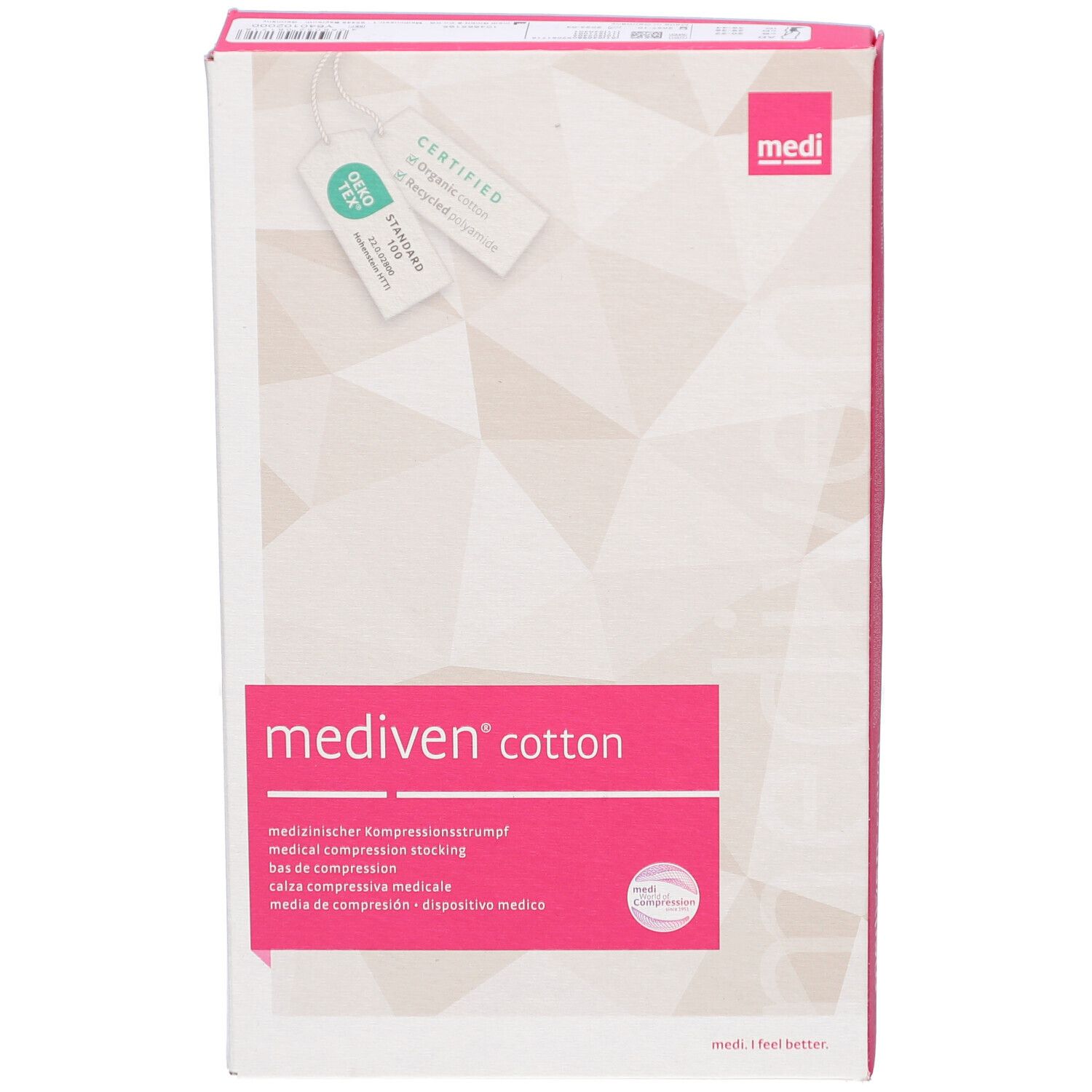 Vorderansicht der Mediven Cotton Verpackung. Weiß mit rosa Akzenten. Text: medi, Cotton, medizinischer Kompressionsstrumpf. Zertifizierungen.