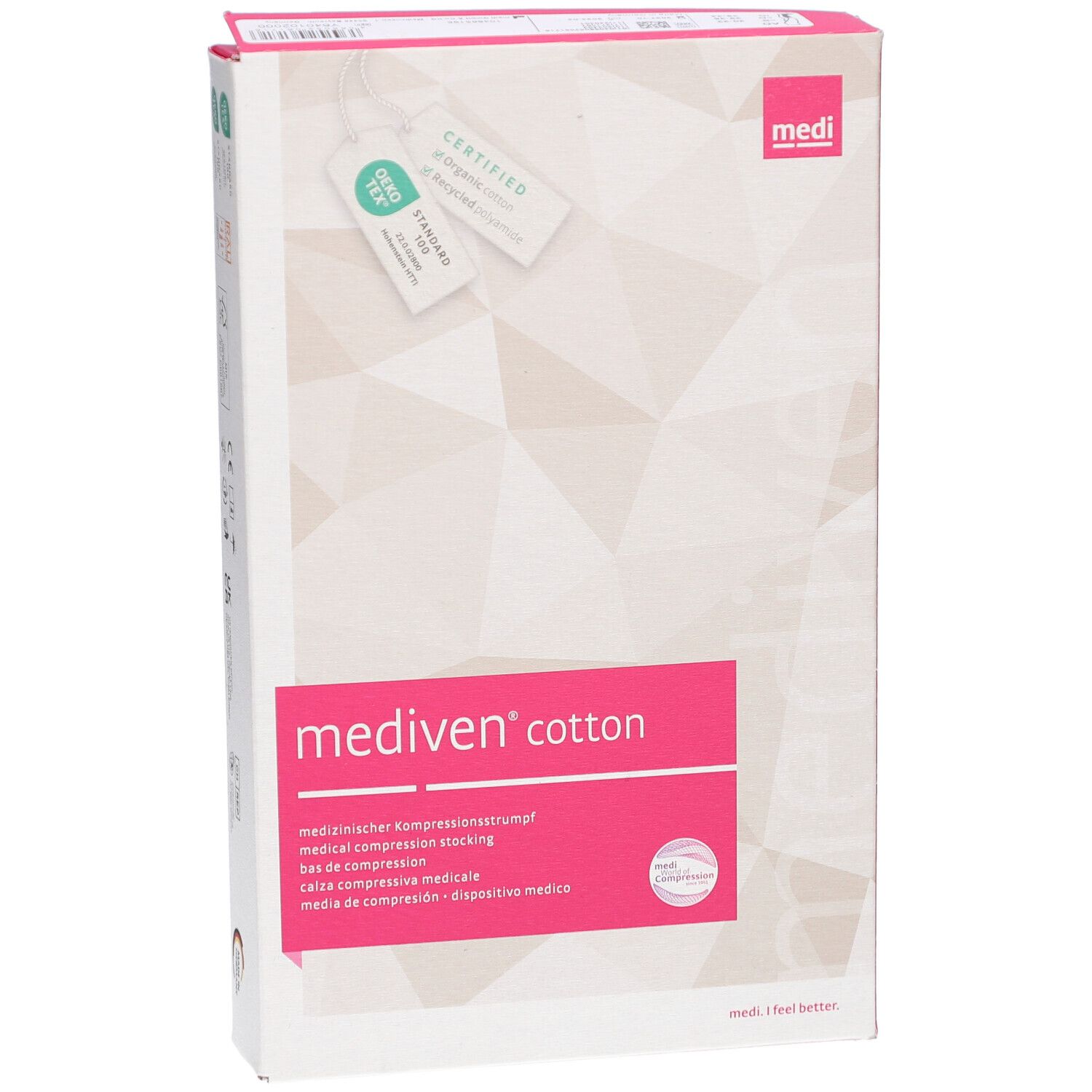 Vorderansicht der Mediven Cotton Verpackung. Weiß mit rosa Akzenten. Text: medi, Cotton, medizinischer Kompressionsstrumpf. Zertifizierungen.