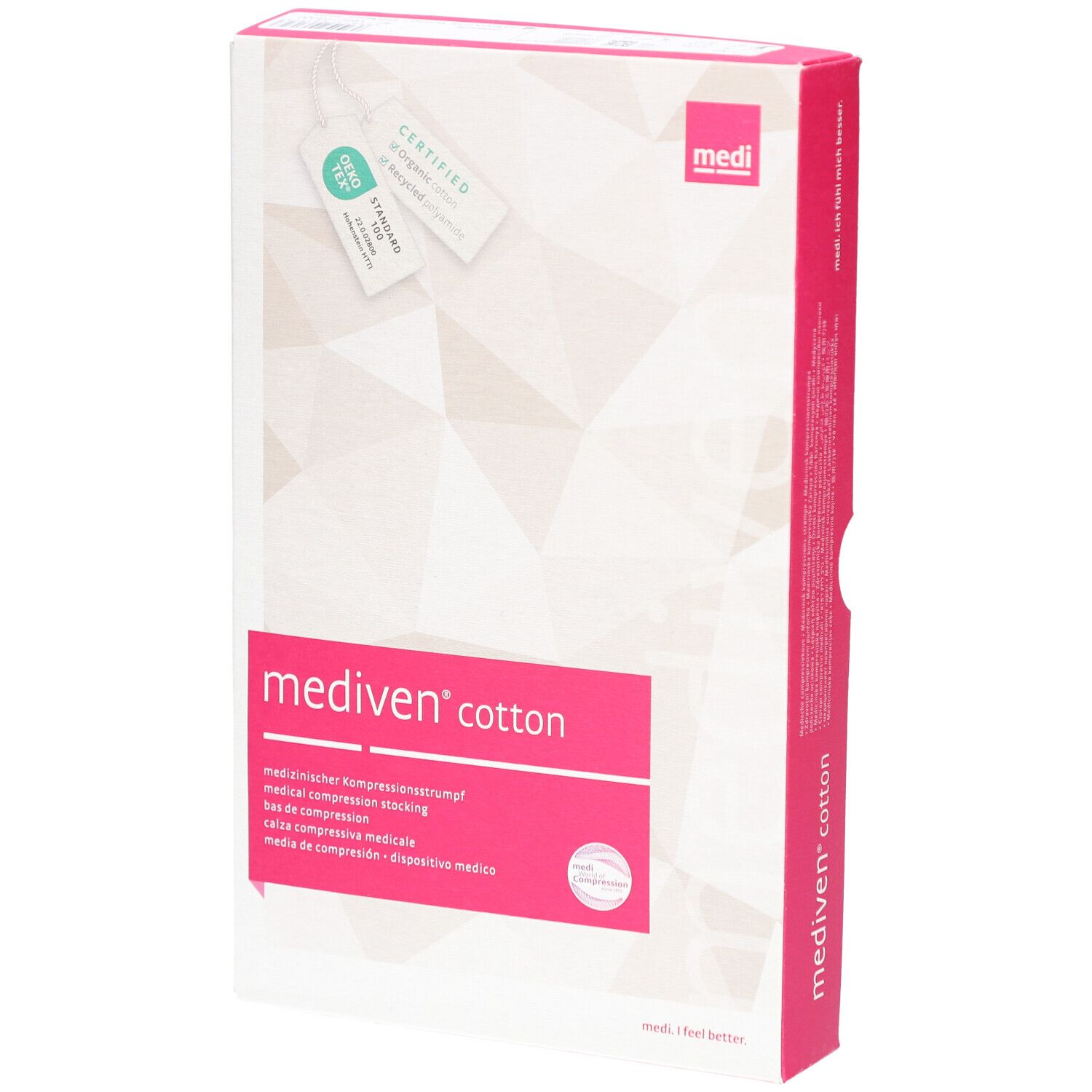 Verpackung von Mediven Cotton Kompressionsstrümpfen. Weißer Karton mit rosa Akzenten und Produktinformationen. Medi-Logo oben rechts.
