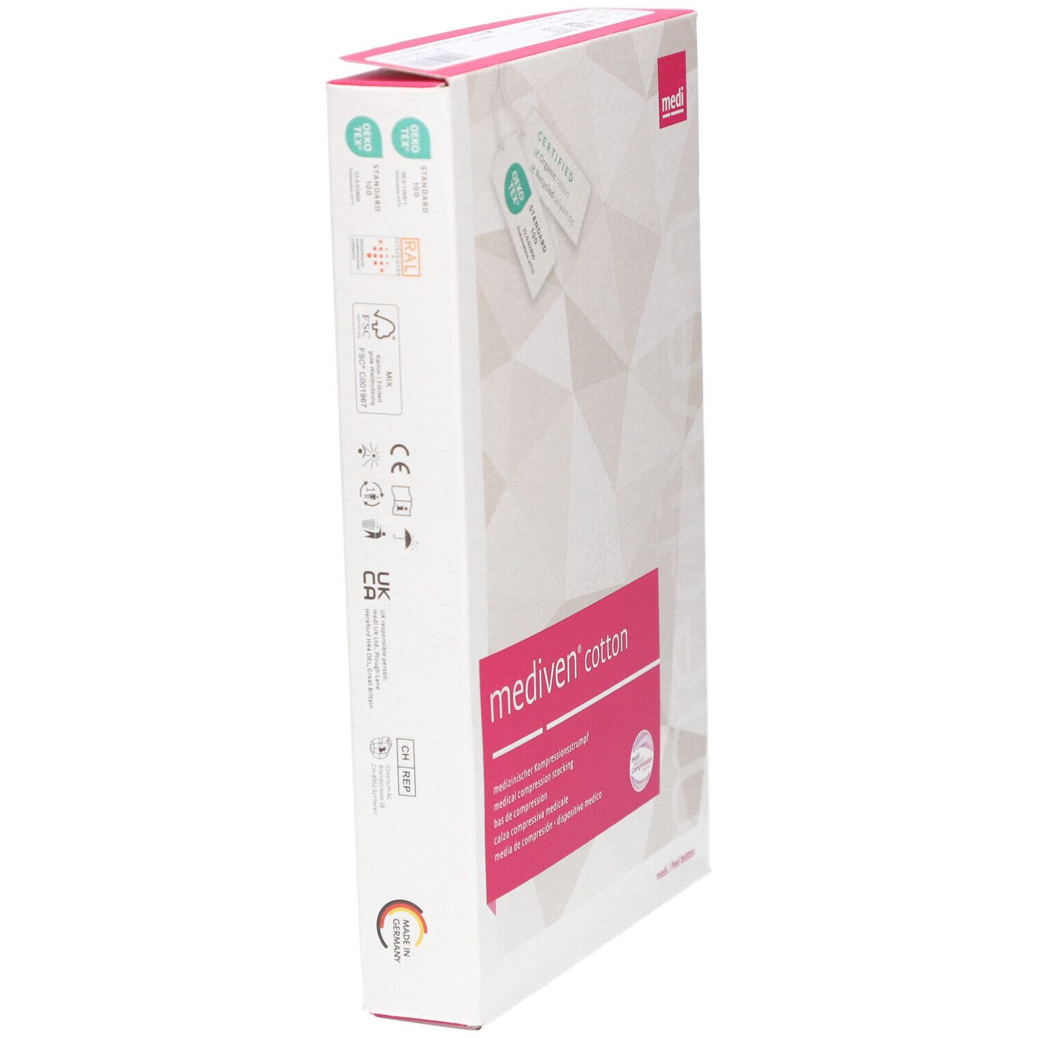 Seitenansicht der Mediven Cotton Verpackung. Weißer Karton mit rosa Akzenten. Produktname und Logos sichtbar. Zertifizierungen.