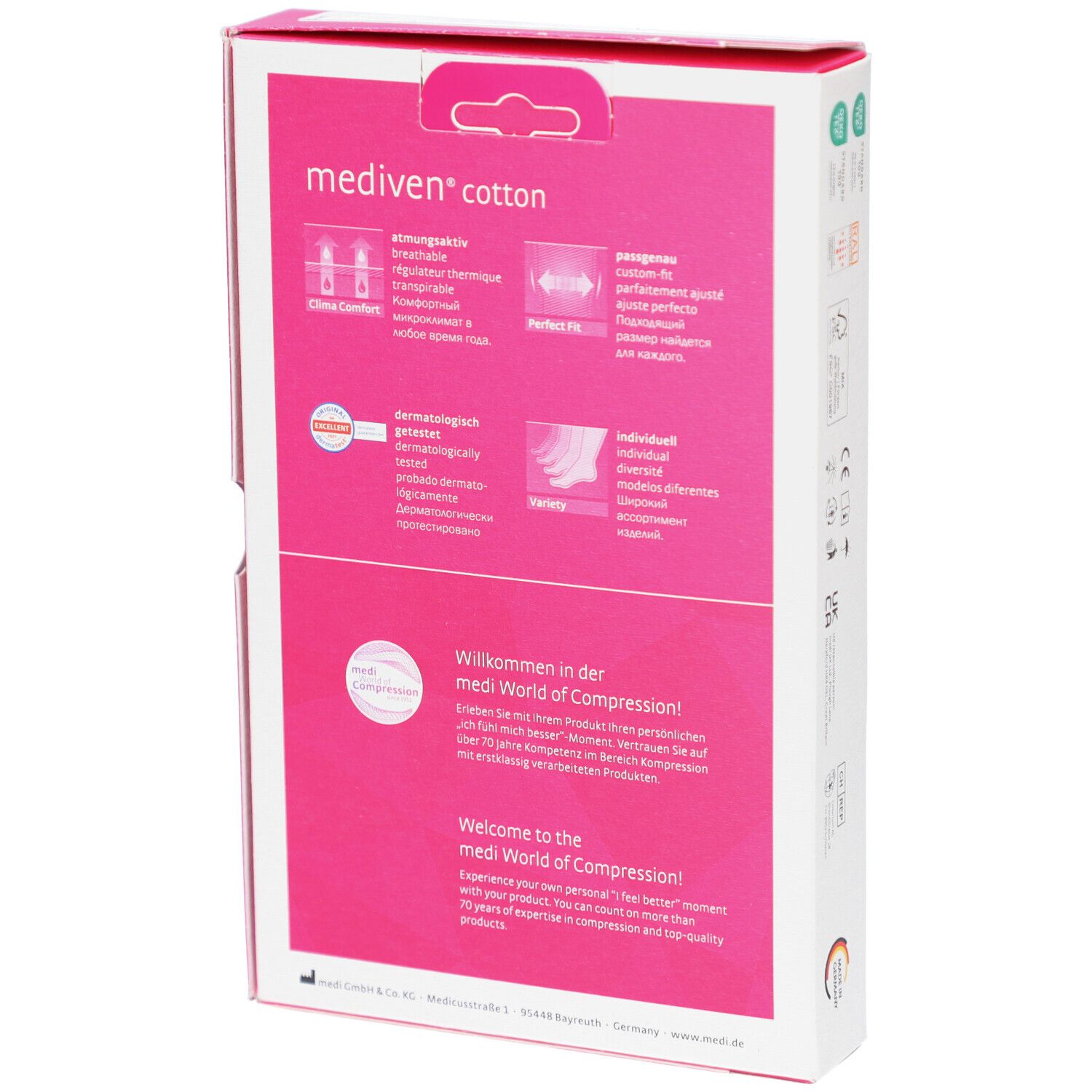 Rückseite der Mediven Cotton Verpackung. Rosa Hintergrund mit weißen Texten. Produktmerkmale und Medi-Logo. Informationen.