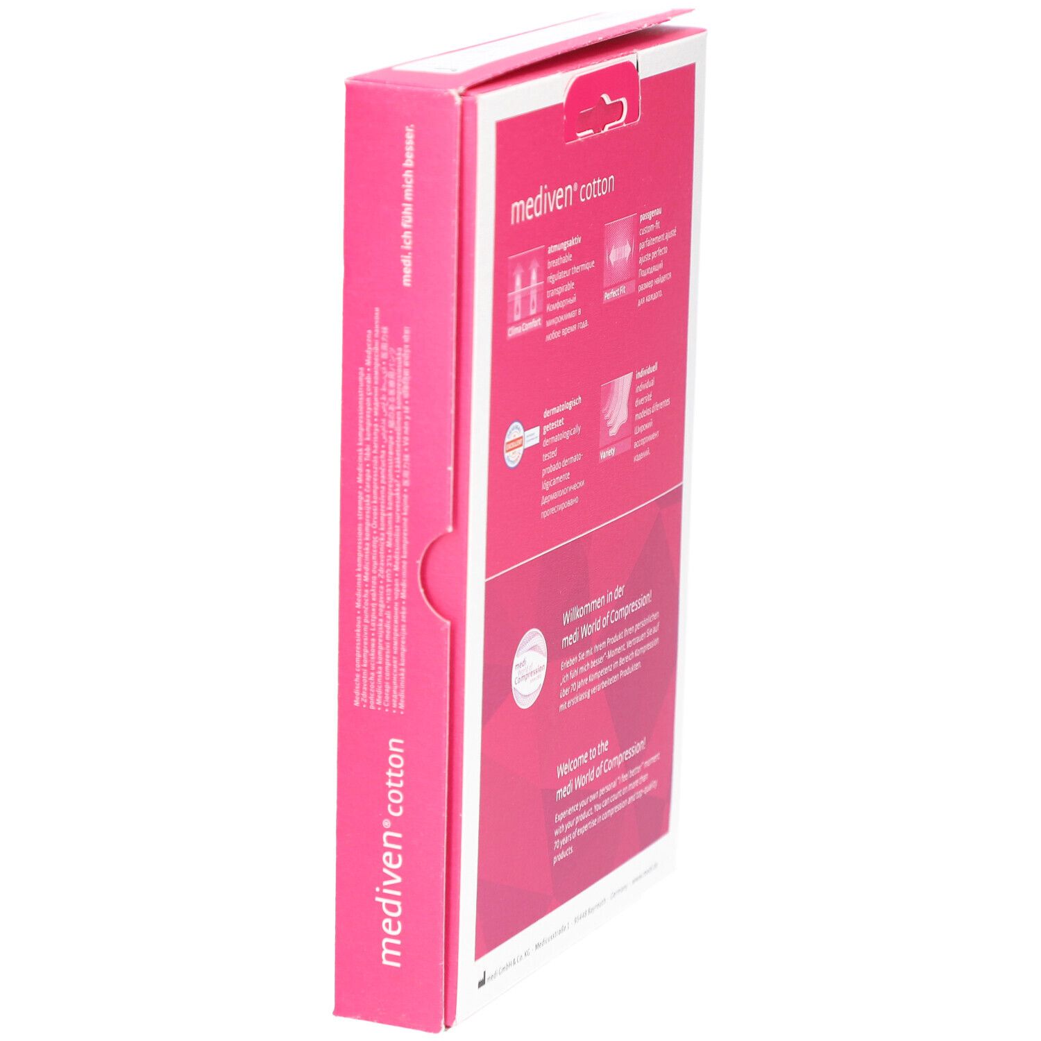 Seitenansicht der Mediven Cotton Verpackung. Rosa Hintergrund mit weißem Text. Produktname und Medi-Logo. Informationen.