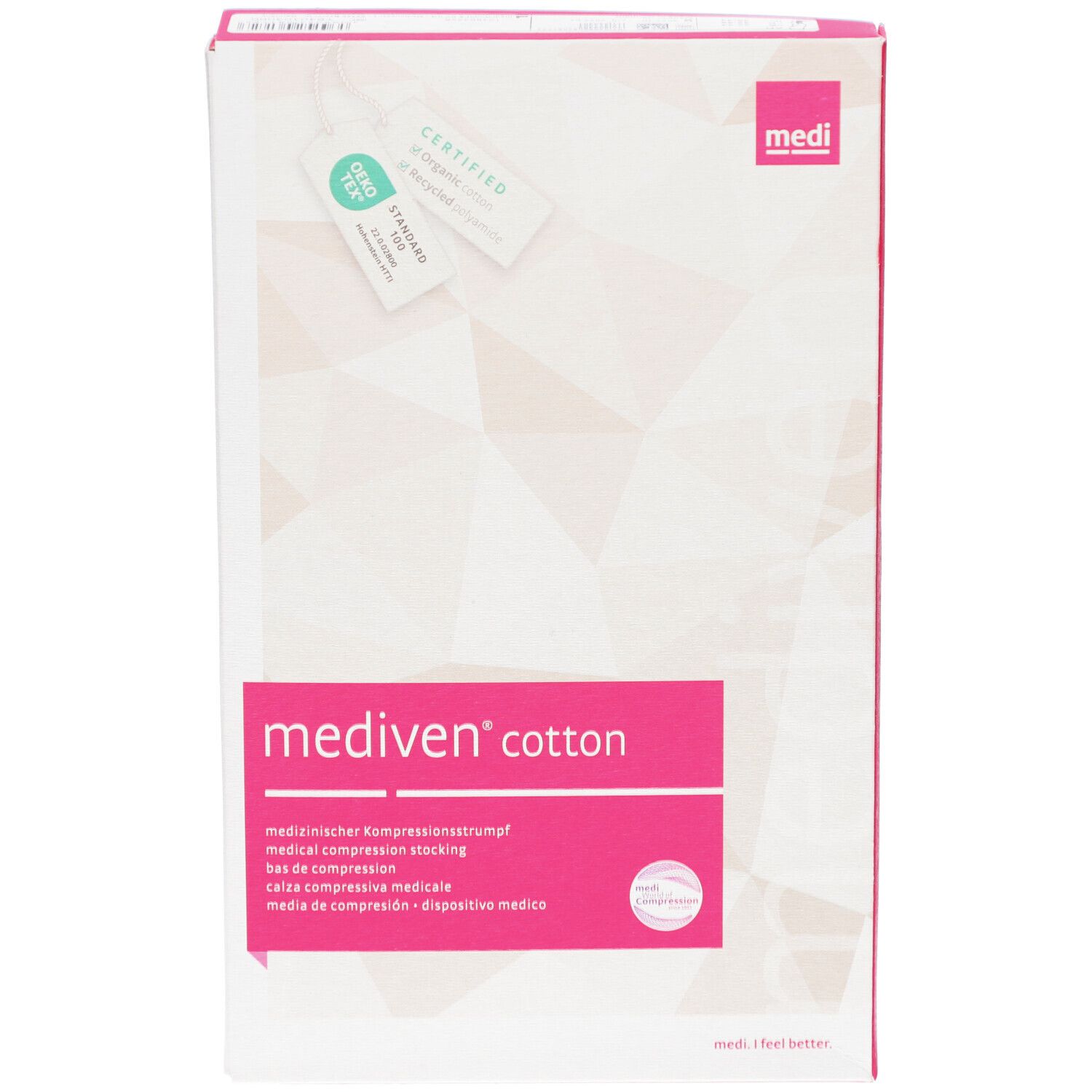 Vorderansicht der Mediven Cotton Verpackung. Weißer Karton mit rosa Akzenten. Produktname und Informationen. Medi-Logo.