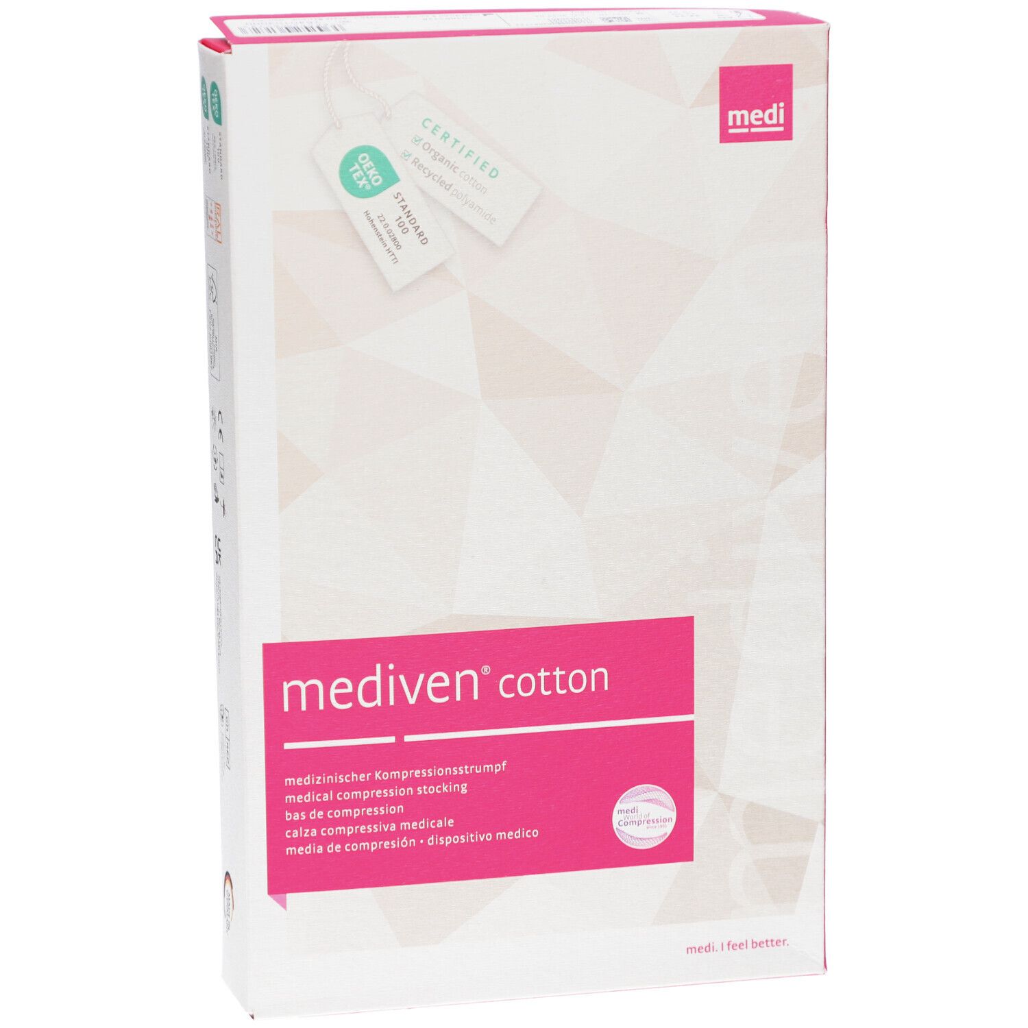Vorderansicht der Mediven Cotton Verpackung. Weißer Karton mit rosa Akzenten. Produktname und Informationen. Medi-Logo.