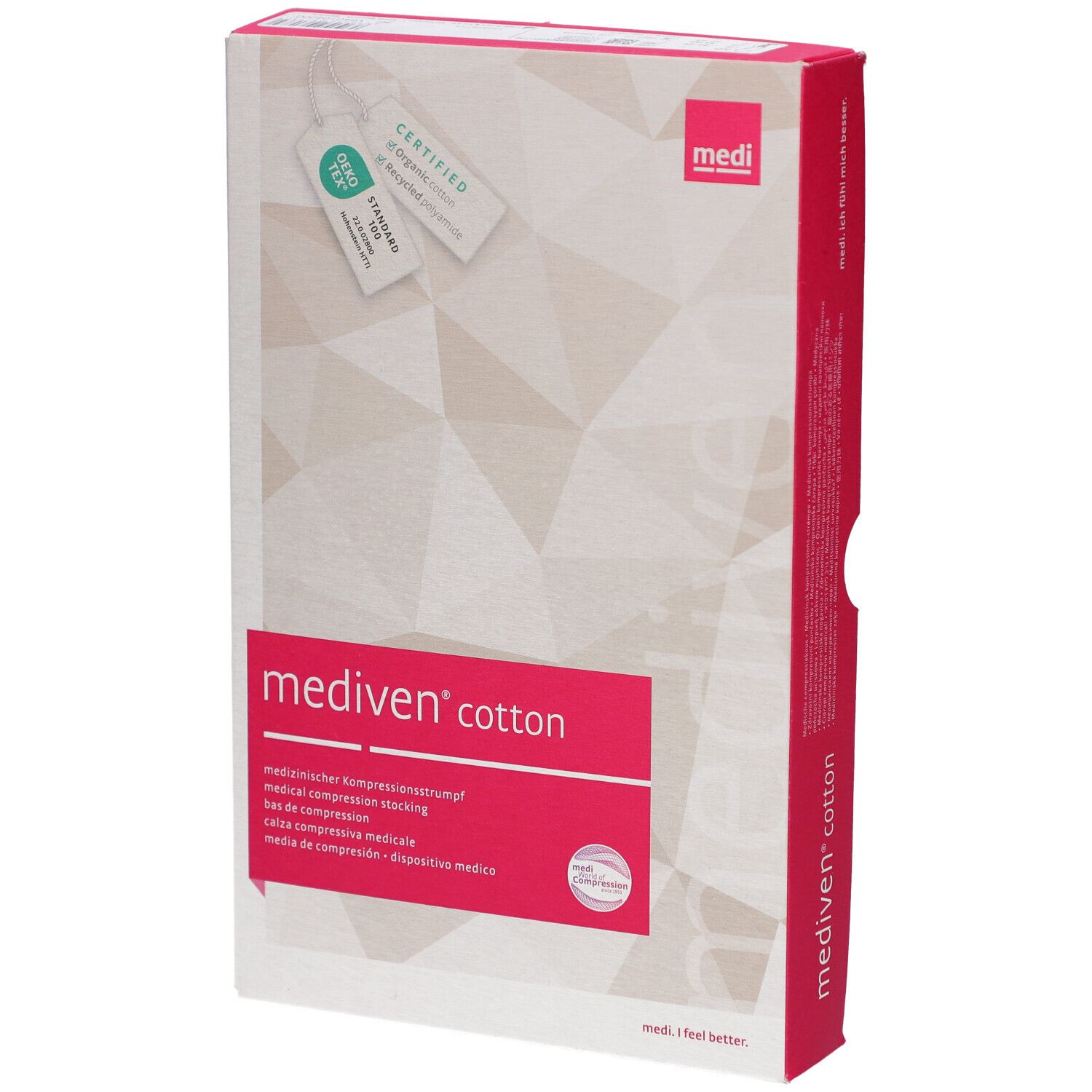 Verpackung von Mediven Cotton Kompressionsstrümpfen. Weiß mit pinkfarbenen Akzenten. Oeko-Tex-Zertifizierung. Medi-Logo.