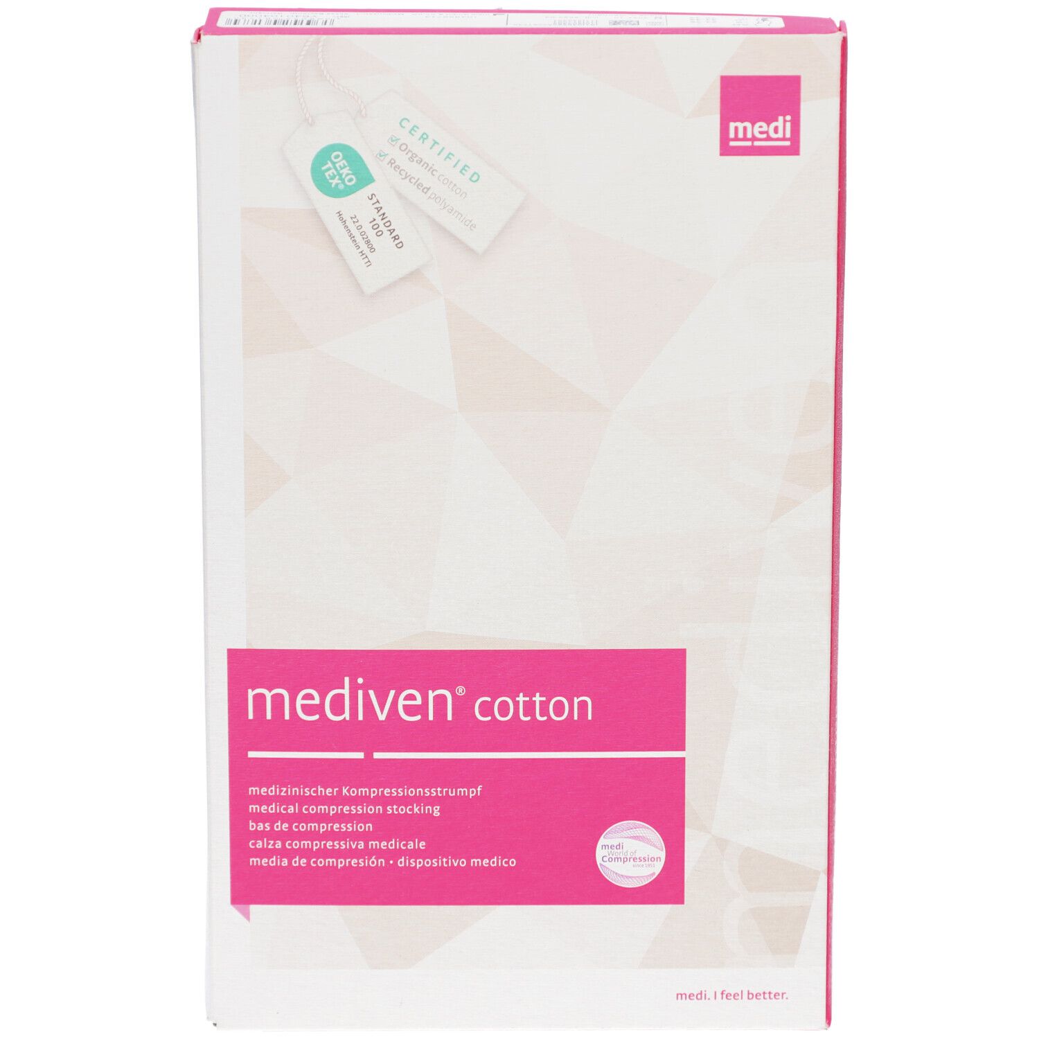 Mediven Cotton Verpackung. Weiß mit pinkfarbenen Akzenten. Oeko-Tex-Zertifizierung. Medi-Logo. Produktbezeichnung.