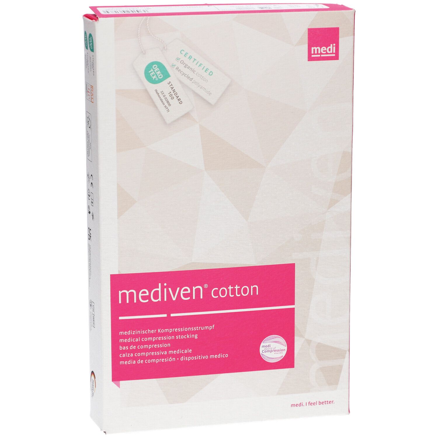 Mediven Cotton Verpackung. Weiß mit pinkfarbenen Akzenten. Oeko-Tex-Zertifizierung. Medi-Logo. Produktbezeichnung.