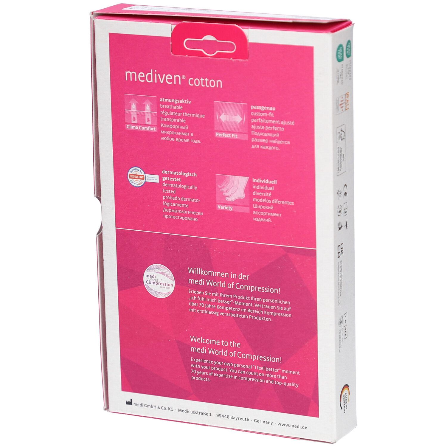 Rückseite der Mediven Cotton Verpackung. Informationen zu Eigenschaften und Zertifizierungen. Text in mehreren Sprachen.