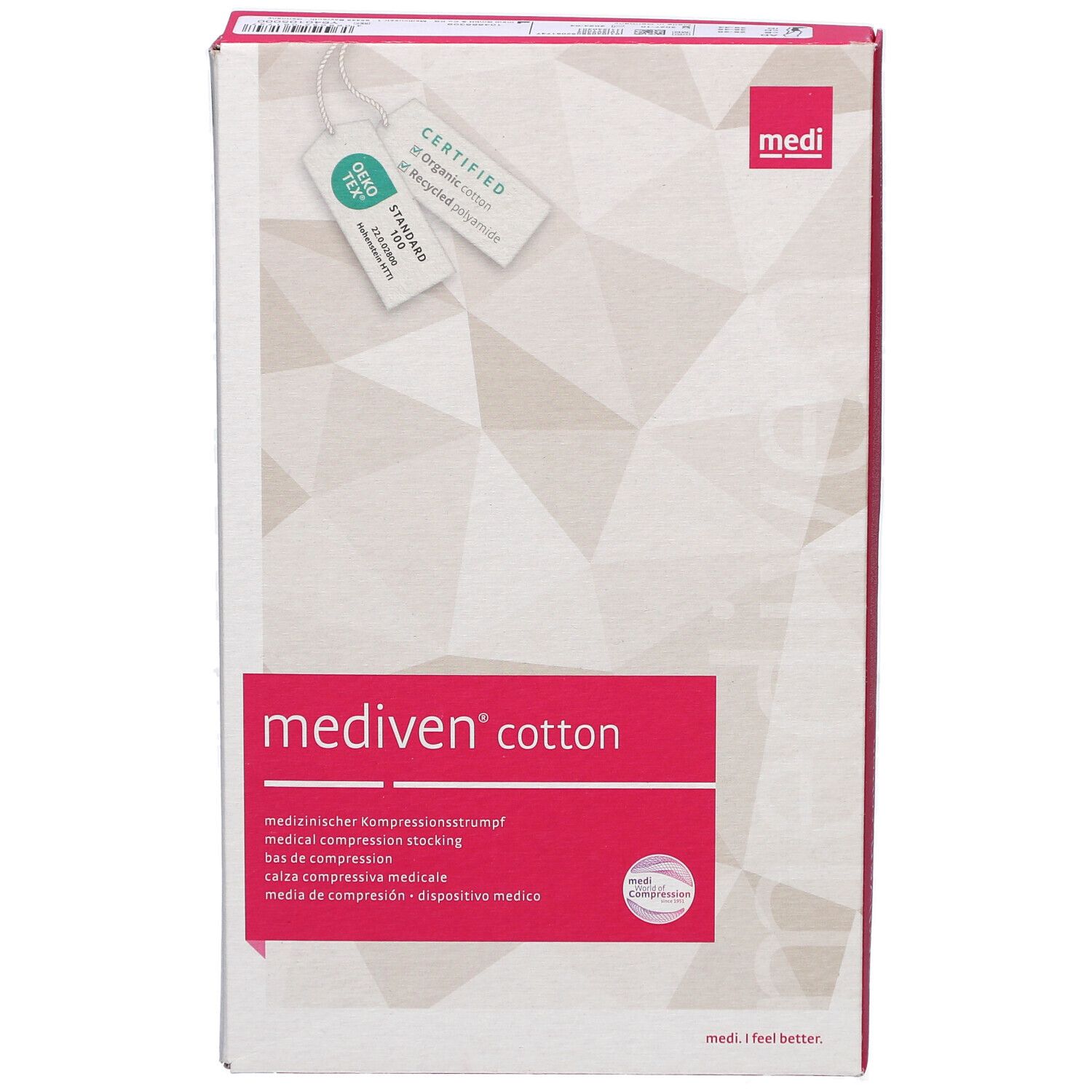 Mediven Cotton Verpackung. Weißer Karton mit rosa Akzenten und Produktinformationen. Zertifizierungs-Etiketten.
