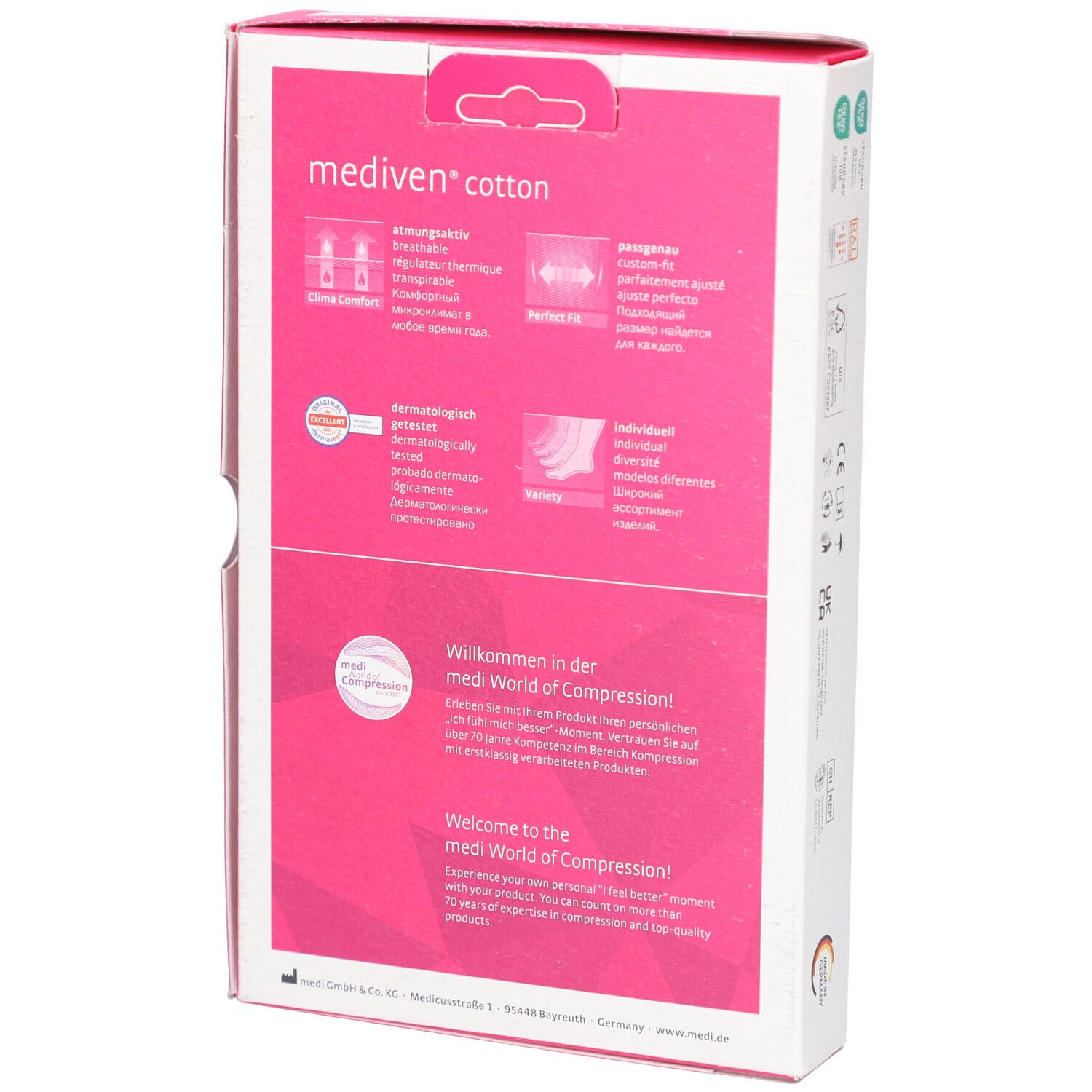 Rückseite der Verpackung von mediven® cotton. Rosa Akzent mit Produktinformationen und Logos. Text in Deutsch und Englisch.