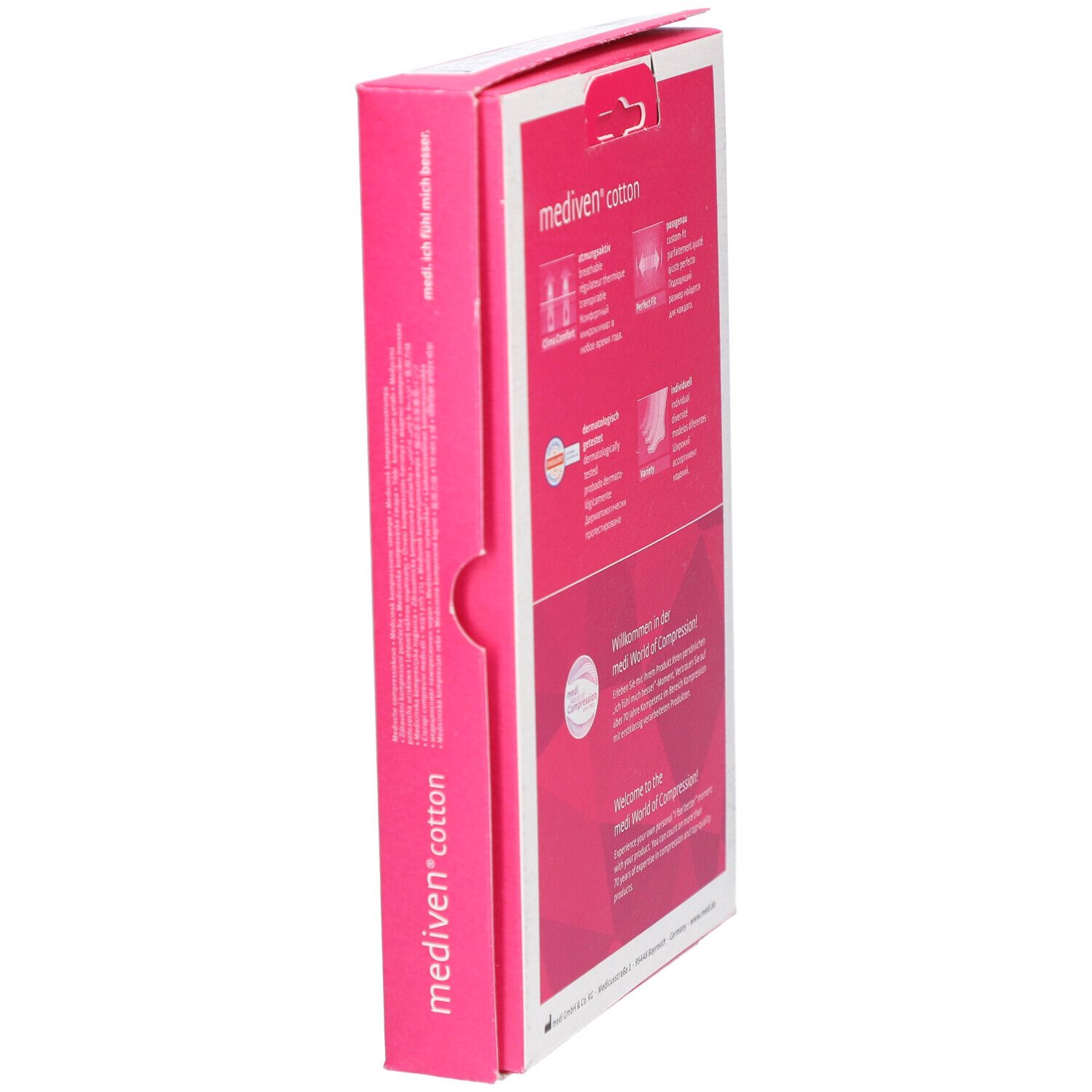 Seitenansicht der Verpackung von mediven® cotton. Rosa Akzent mit Produktnamen. Text und Logos.