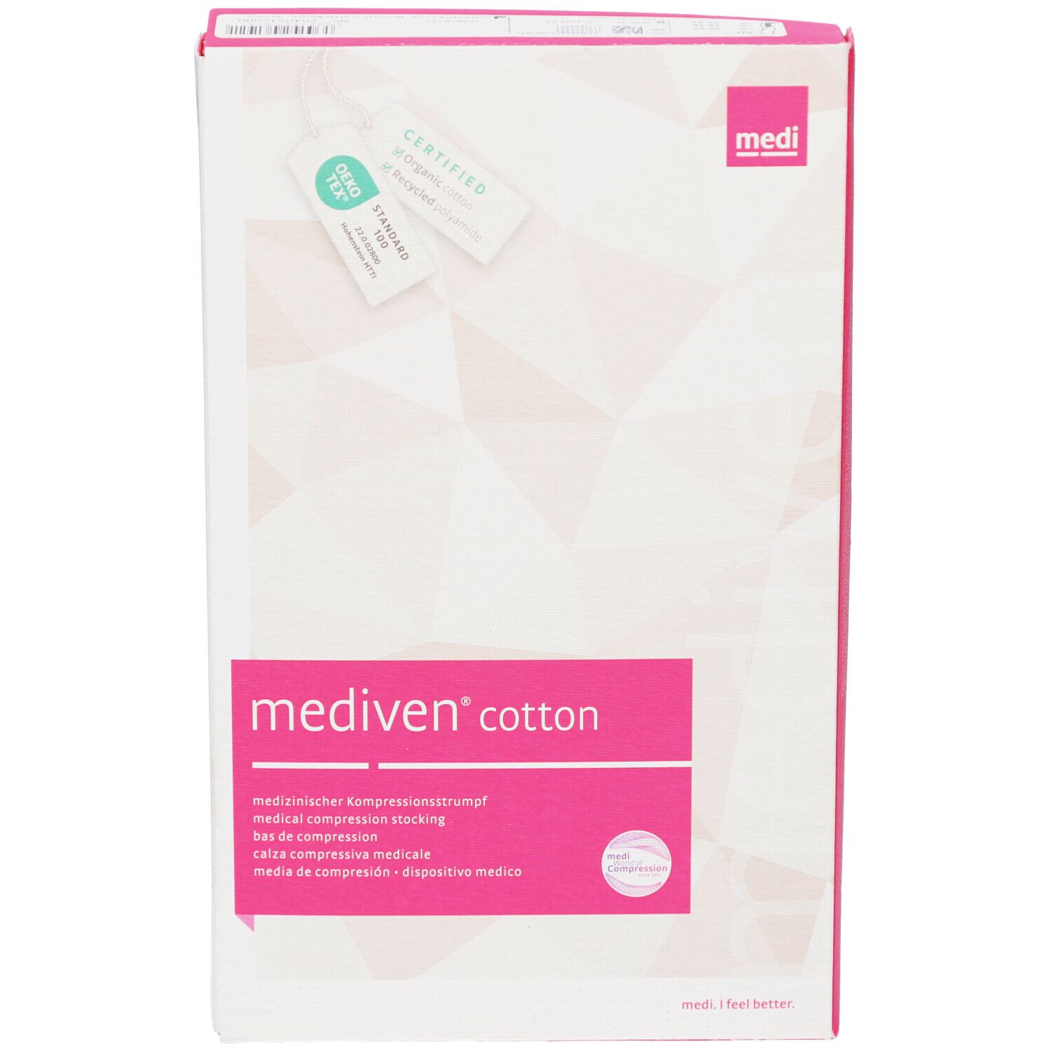 Vorderansicht der Verpackung von mediven® cotton. Rosa Akzent mit Produktnamen und Logo. Oeko-Tex-Zertifizierung.