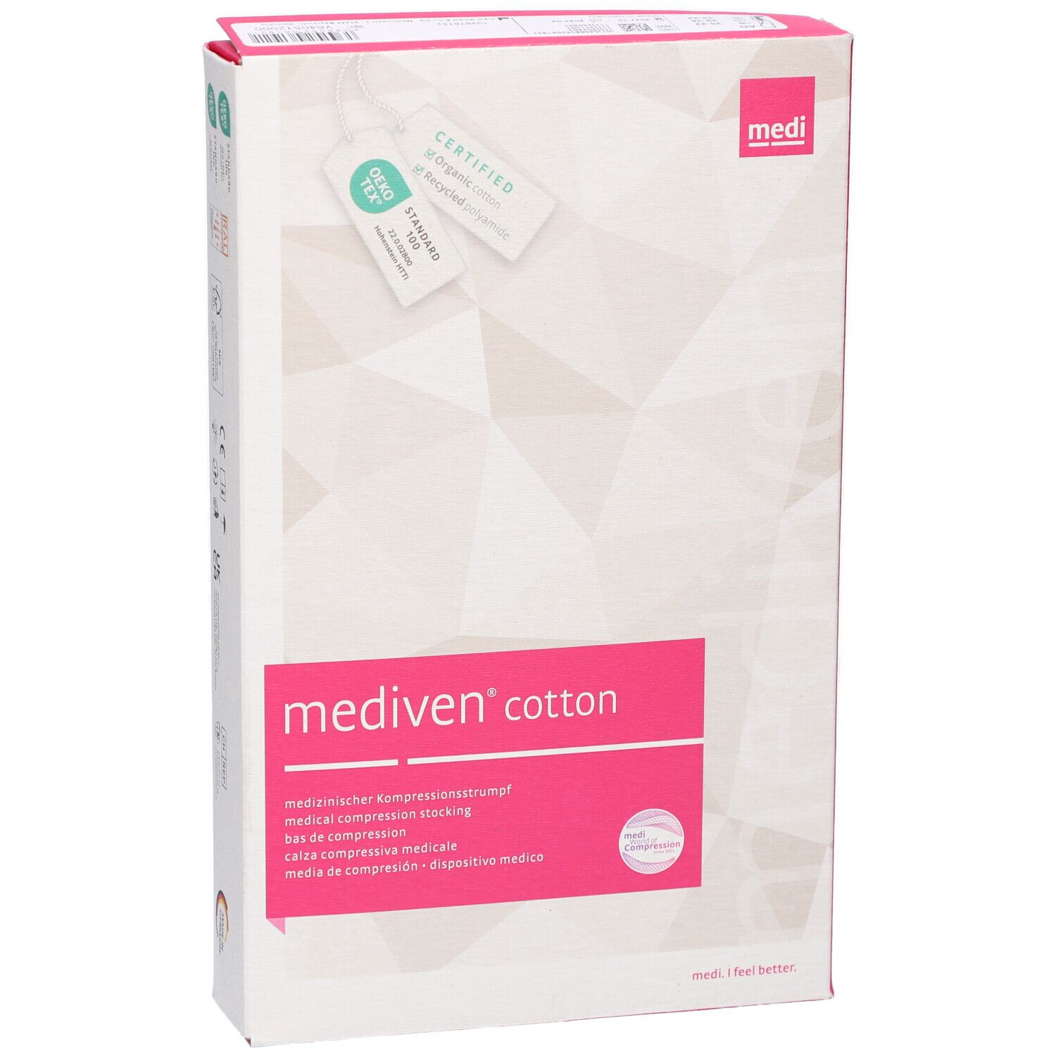 Vorderansicht der Verpackung von mediven® cotton. Rosa Akzent mit Produktnamen und Logo. Oeko-Tex-Zertifizierung.