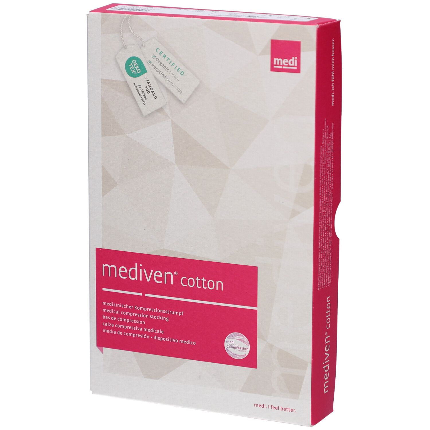 Verpackung von mediven® cotton Kompressionsstrümpfen. Rosa Label mit Produktnamen. Zertifizierungsanhänger. Weißer Karton mit geometrischem Muster.
