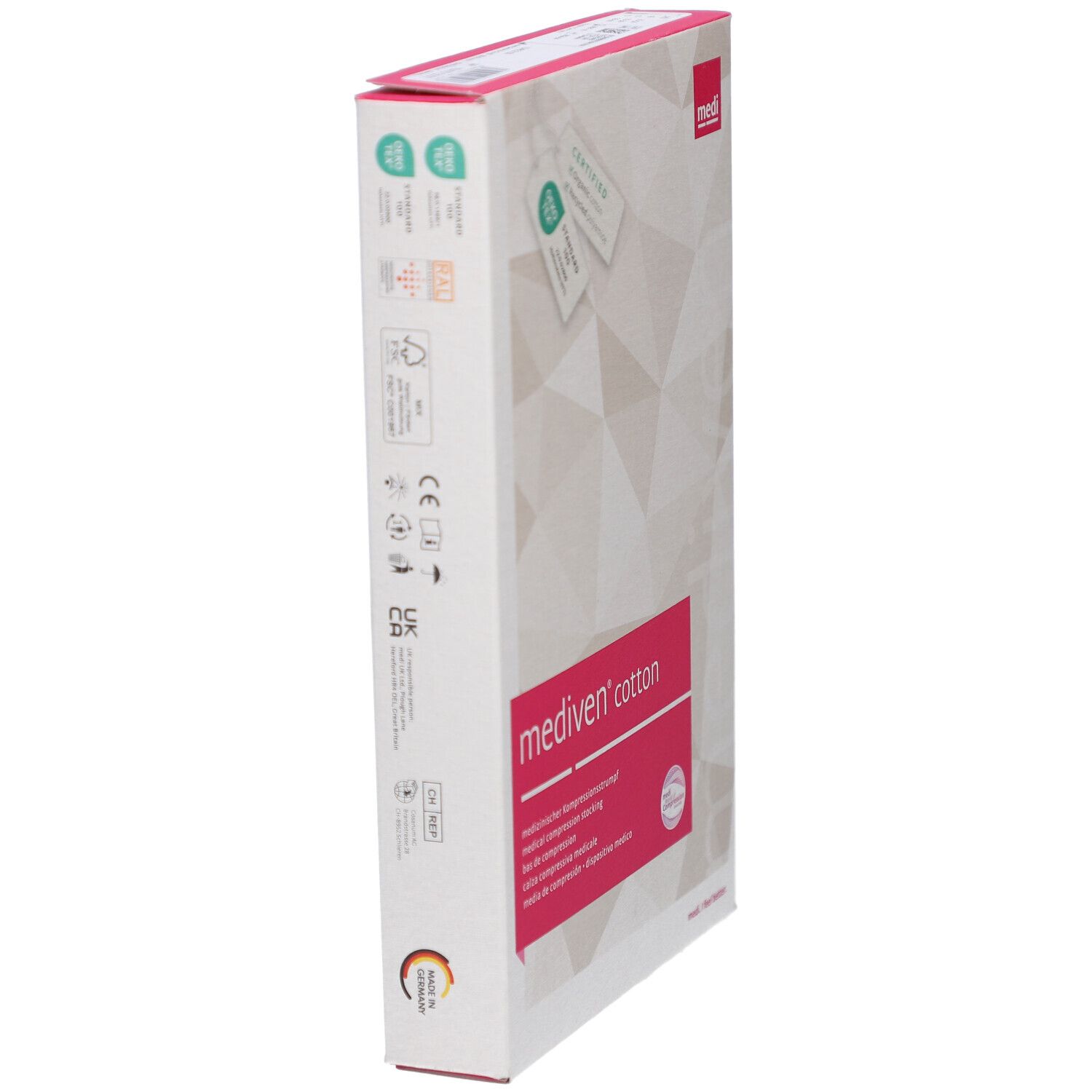 Seitenansicht der Verpackung von mediven® cotton. Rosa Akzente. Produktinformationen und Logos. Zertifizierungen und Qualitätszeichen.