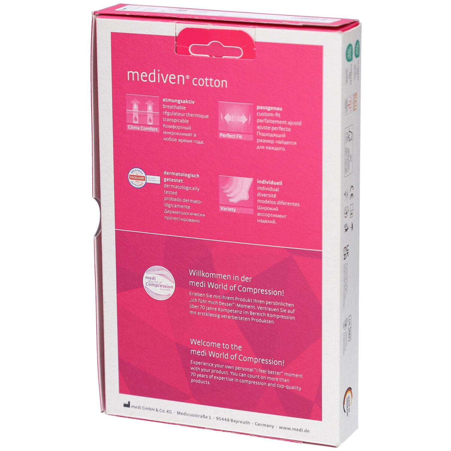 Rückseite der Verpackung von mediven® cotton. Produktmerkmale in Text und Piktogrammen. Rosa Hintergrund. Markenlogo und Text.