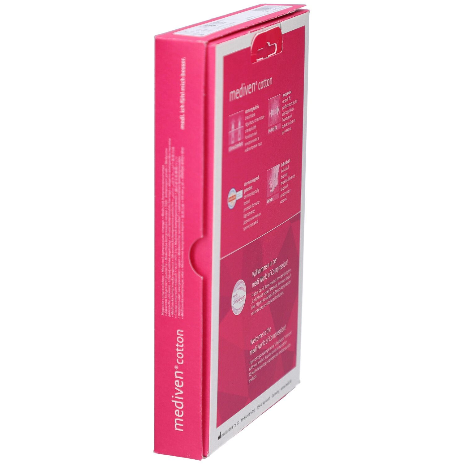 Seitenansicht der Verpackung von mediven® cotton. Rosa Akzente. Produktname und Markenlogo. Text und Piktogramme.