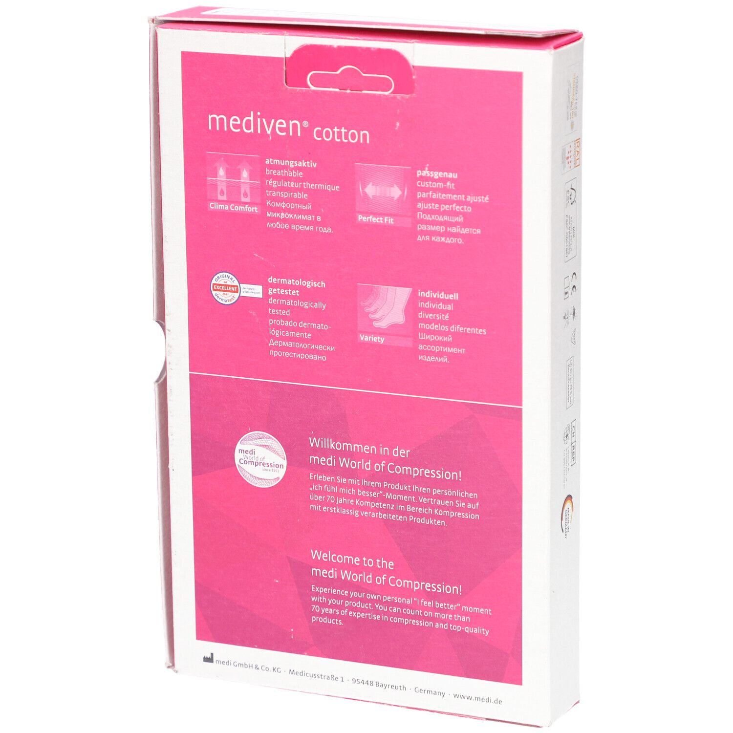 Rückseite der mediven® cotton Verpackung. Pinkfarbener Hintergrund mit Produktinformationen und Logos.