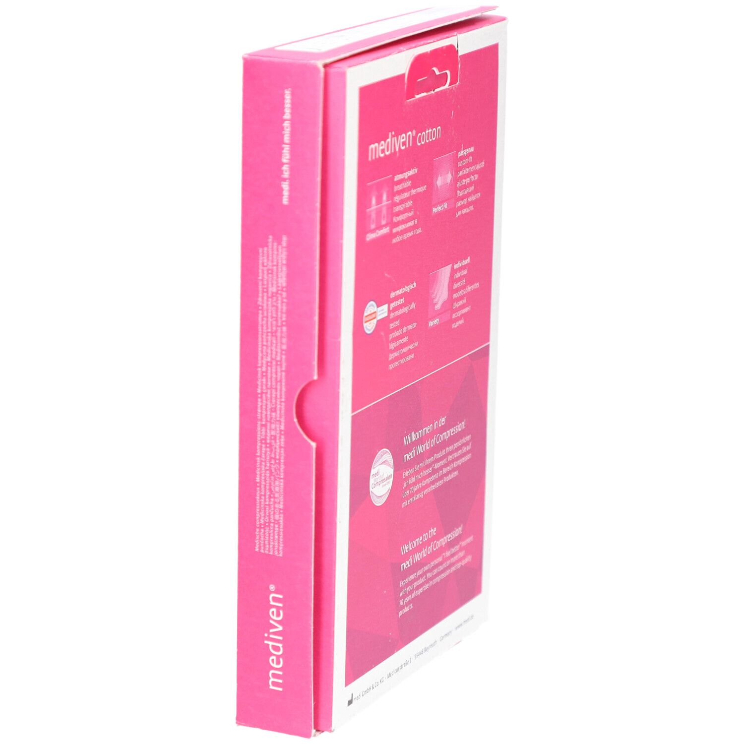 Seitenansicht der mediven® cotton Verpackung. Weißer Karton mit pinkfarbenen Details. Produktname und Logos.
