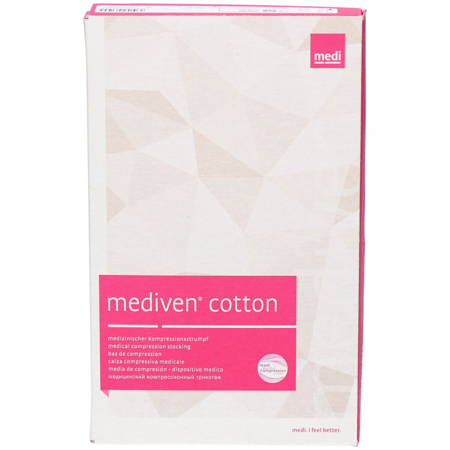 Vorderansicht der mediven® cotton Verpackung. Weißer Karton mit pinkfarbenen Akzenten. Produktname und medizinische Beschreibung.