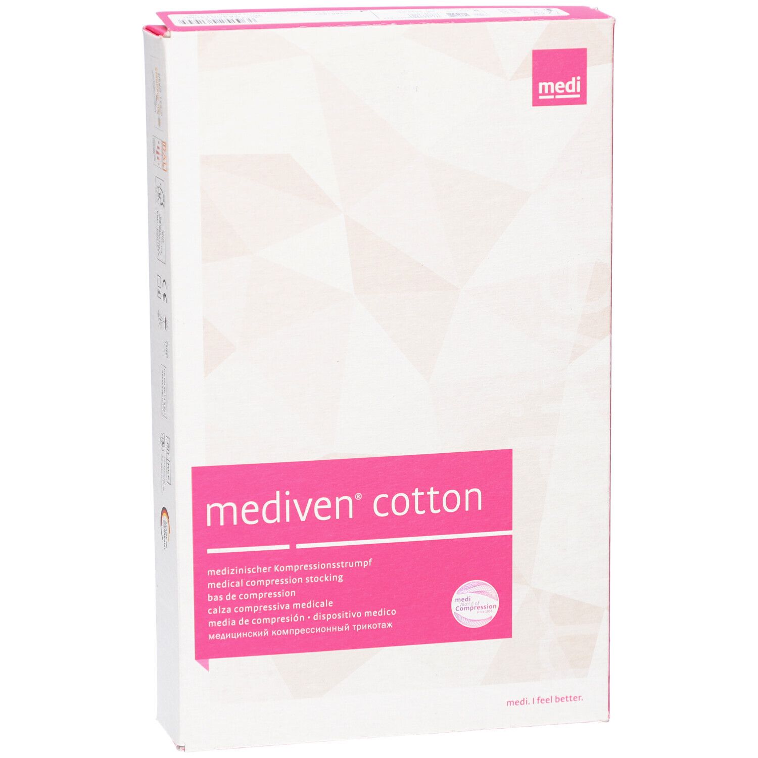 Vorderansicht der mediven® cotton Verpackung. Weißer Karton mit pinkfarbenen Akzenten. Produktname und medizinische Beschreibung.