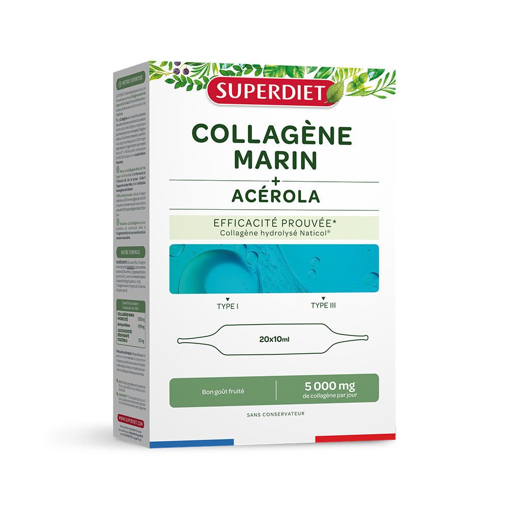 Boîte Superdiet Kollagène Marin. Contient 20 ampoules de 10 ml. Contient de l'Acérola et 5000 mg de collagène par jour.