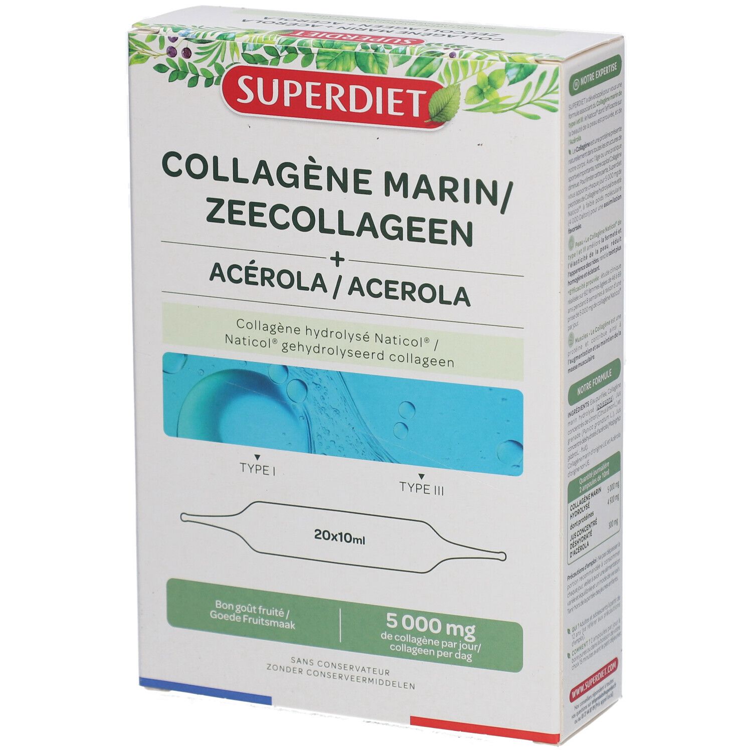 Boîte Superdiet Kollagène Marin. Contient 20 ampoules de 10 ml. Contient de l'Acérola et 5000 mg de collagène par jour.