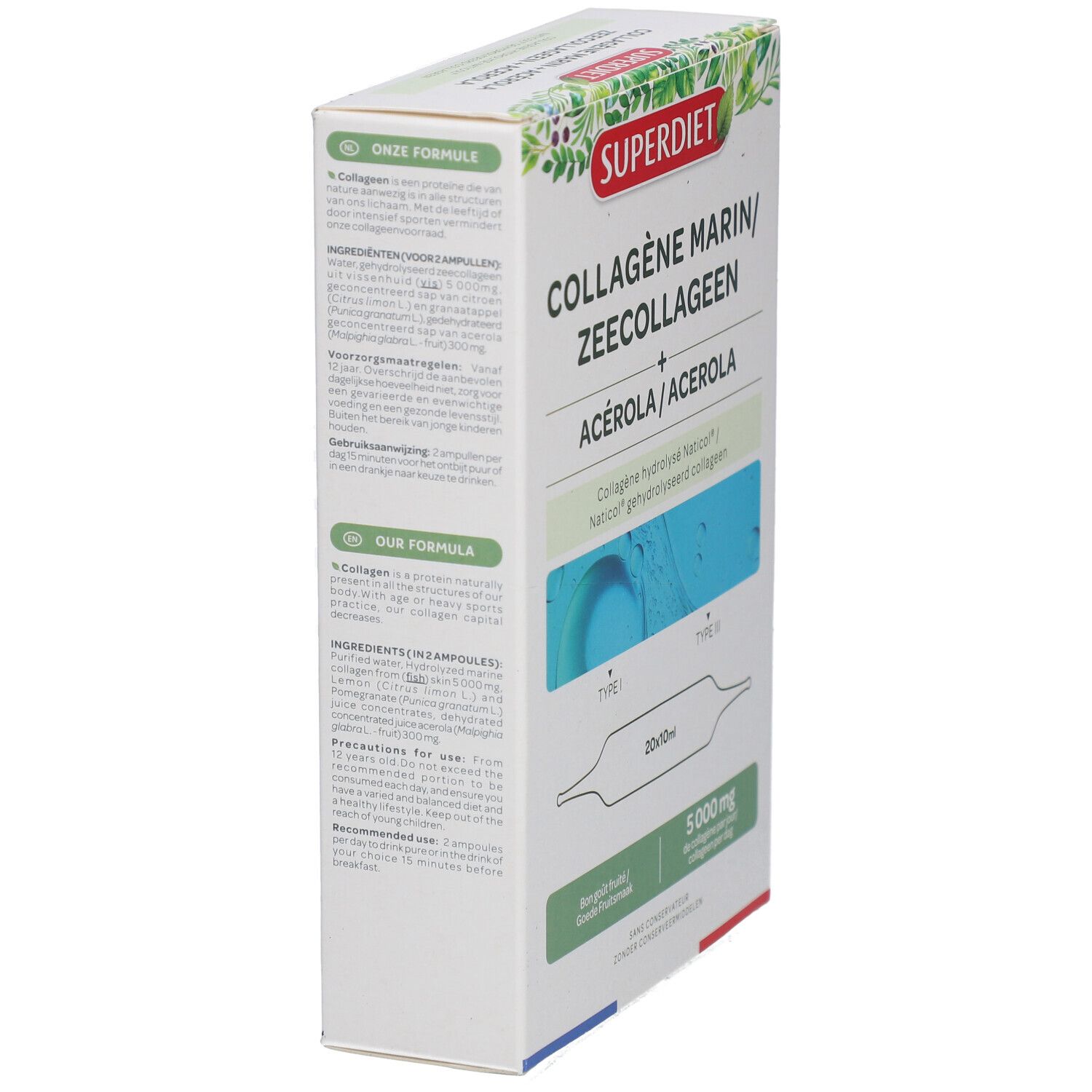 Vue latérale de la boîte Superdiet Kollagène Marin. Texte avec ingrédients et instructions. Contient 20 ampoules.