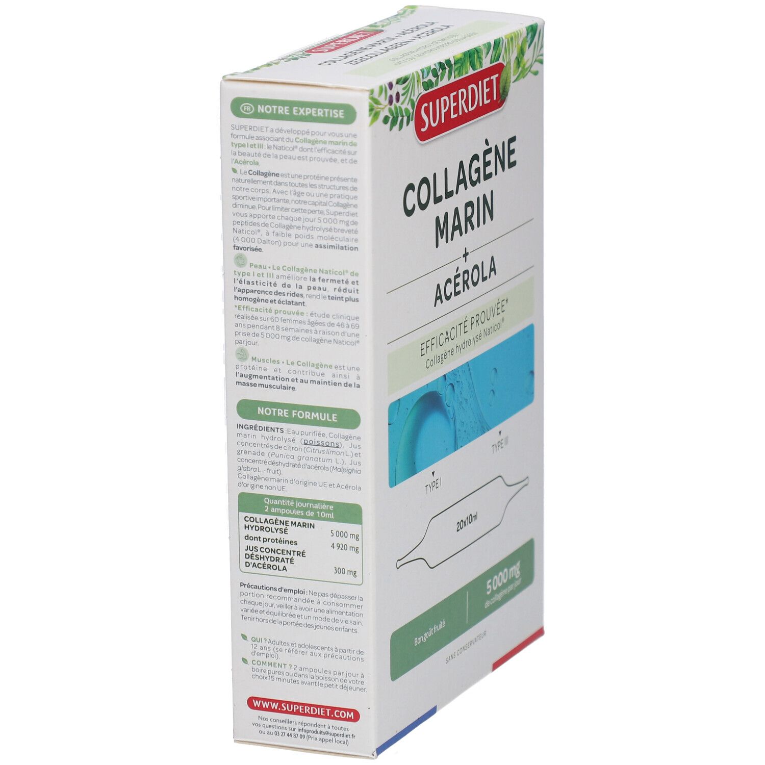 Vue latérale de la boîte Superdiet Kollagène Marin. Texte avec ingrédients et instructions. Contient 20 ampoules.