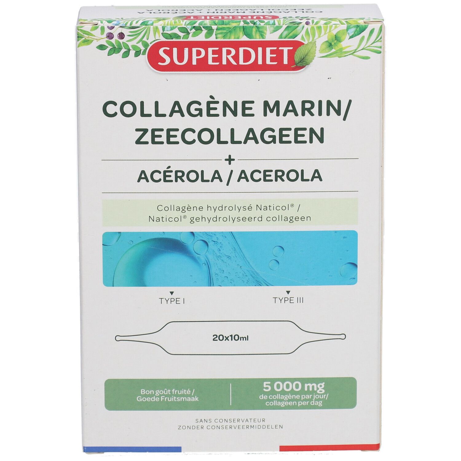 Boîte Superdiet Kollagène Marin. Contient 20 ampoules de 10 ml. Contient de l'Acérola et 5000 mg de collagène par jour.