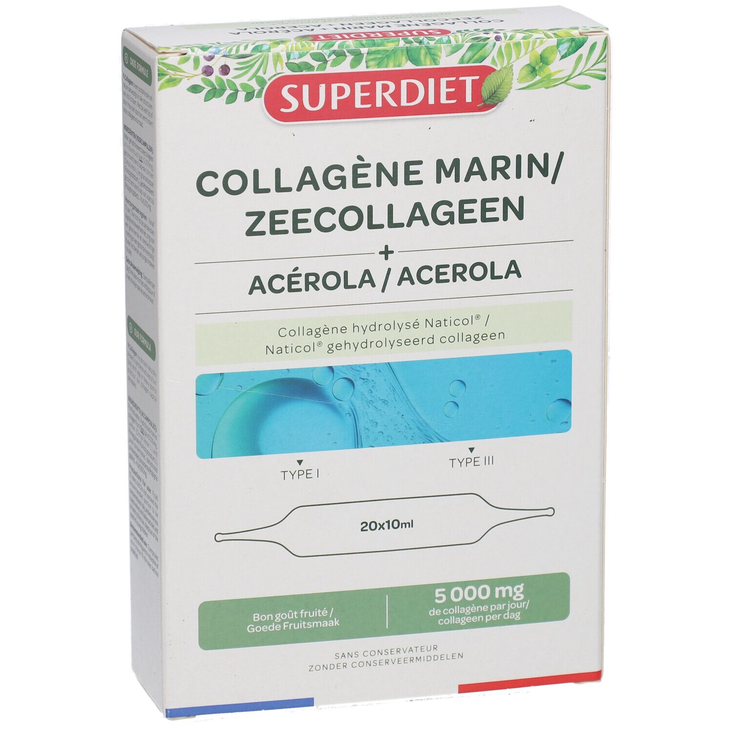 Boîte Superdiet Kollagène Marin. Contient 20 ampoules de 10 ml. Contient de l'Acérola et 5000 mg de collagène par jour.