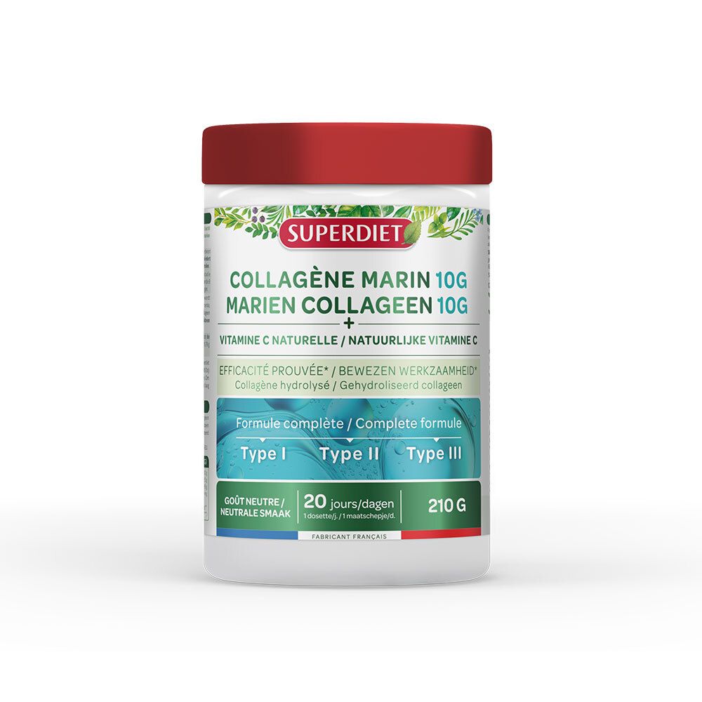 Weißes Produktglas mit rotem Deckel. Aufschrift: SUPERDIET Kollagen Marin 10G. Enthält Vitamin C. 210g.