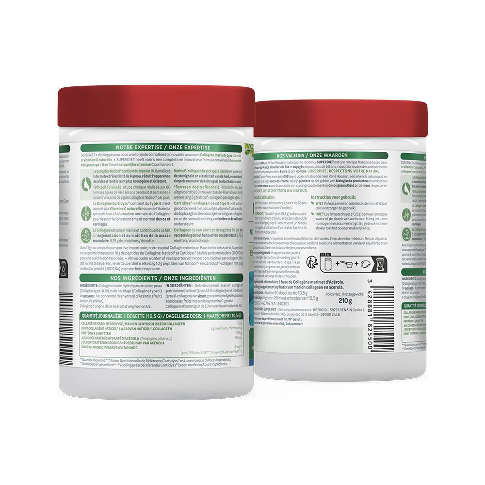 Zwei weiße Produktgläser mit rotem Deckel. Rückseite mit Text. Aufschrift: Inhaltsstoffe, Nährwerte.