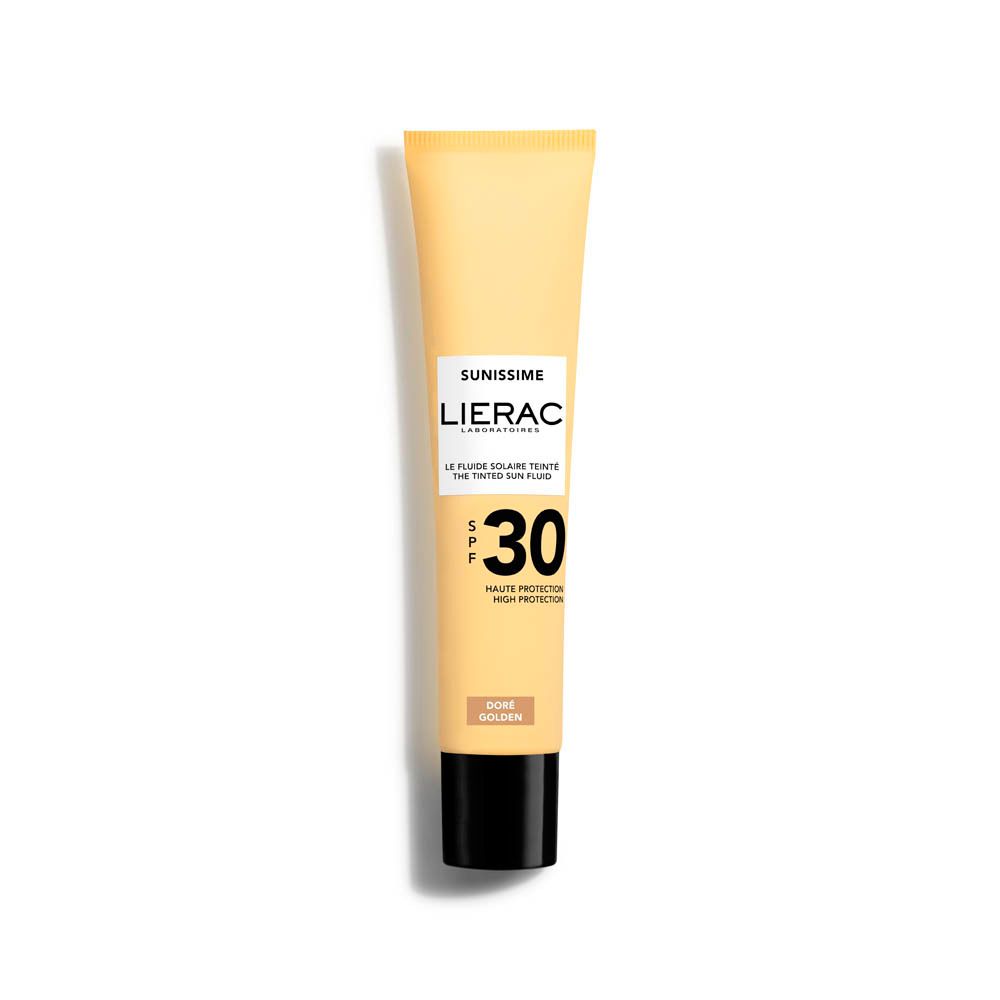 Lierac Sunissime Le Fluide Teinté SPF30. Beige tube met zwarte dop. SPF 30. Tint: Doré Golden.