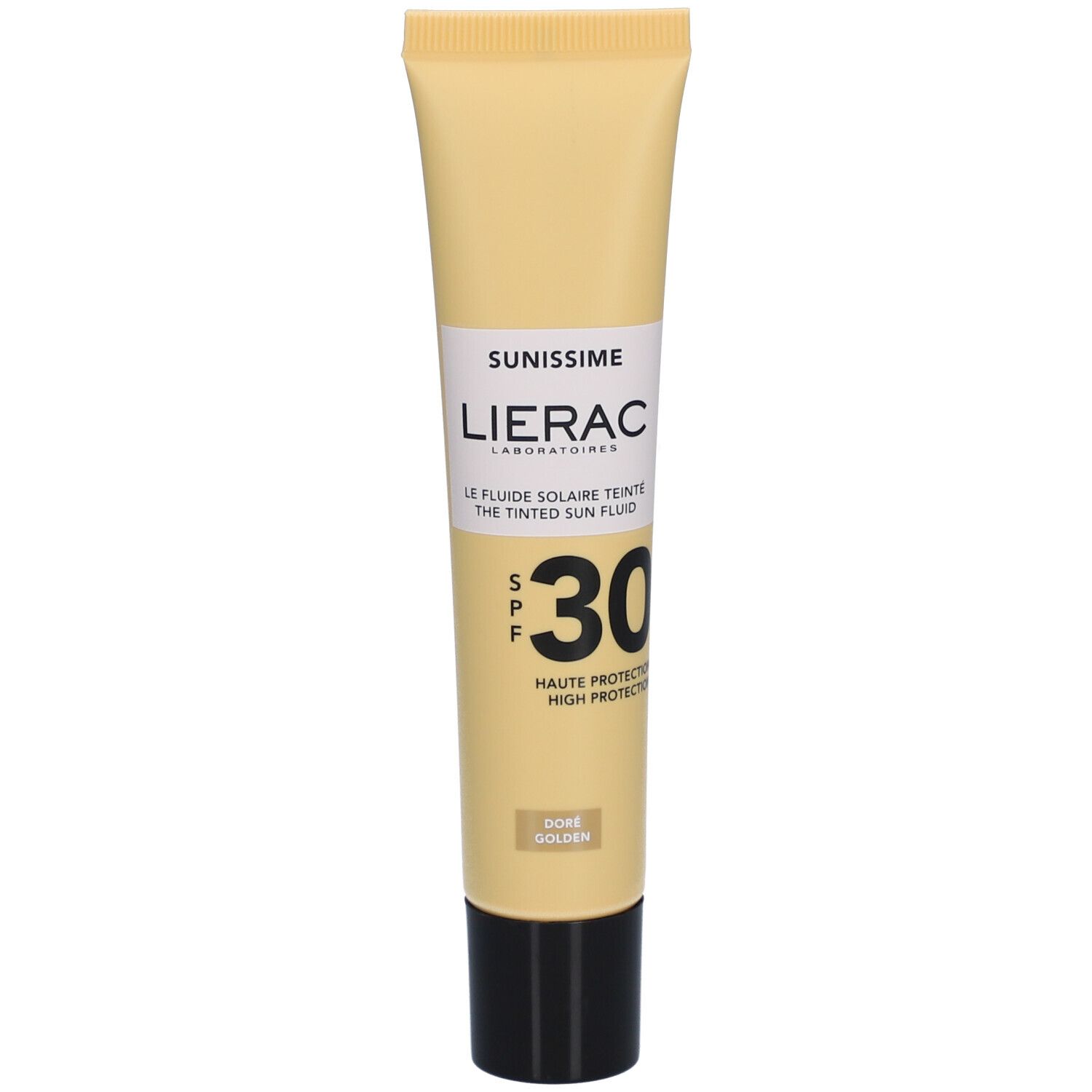 Lierac Sunissime Le Fluide Teinté SPF30. Beige tube met zwarte dop. SPF 30. Tint: Doré Golden.