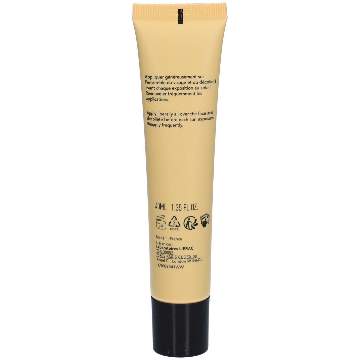 Achterkant van de Lierac Sunissime Le Fluide Teinté SPF30 tube. Tekst en informatie in meerdere talen.