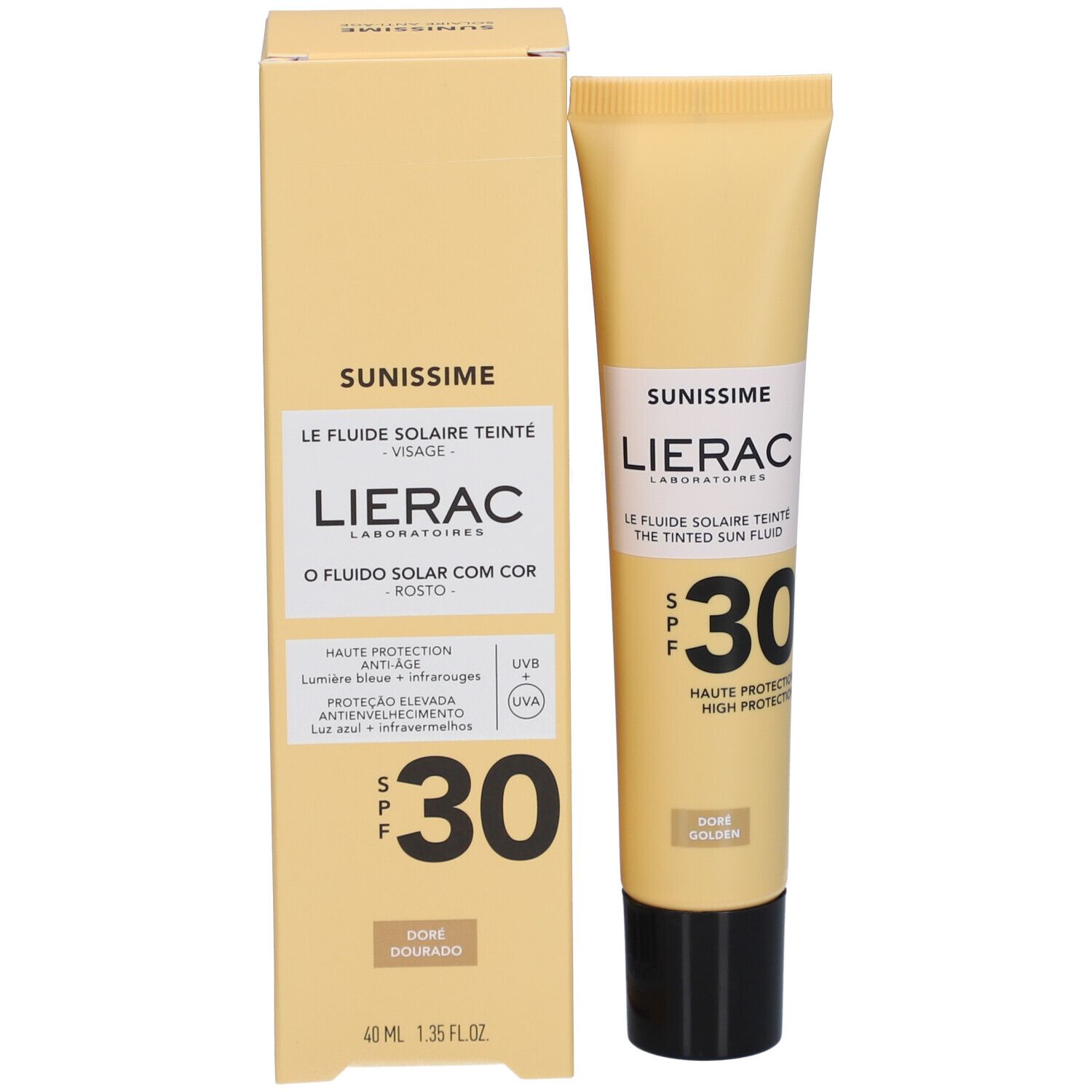Lierac Sunissime Le Fluide Teinté SPF30 en verpakking. Beige verpakking met productinfo en SPF 30.