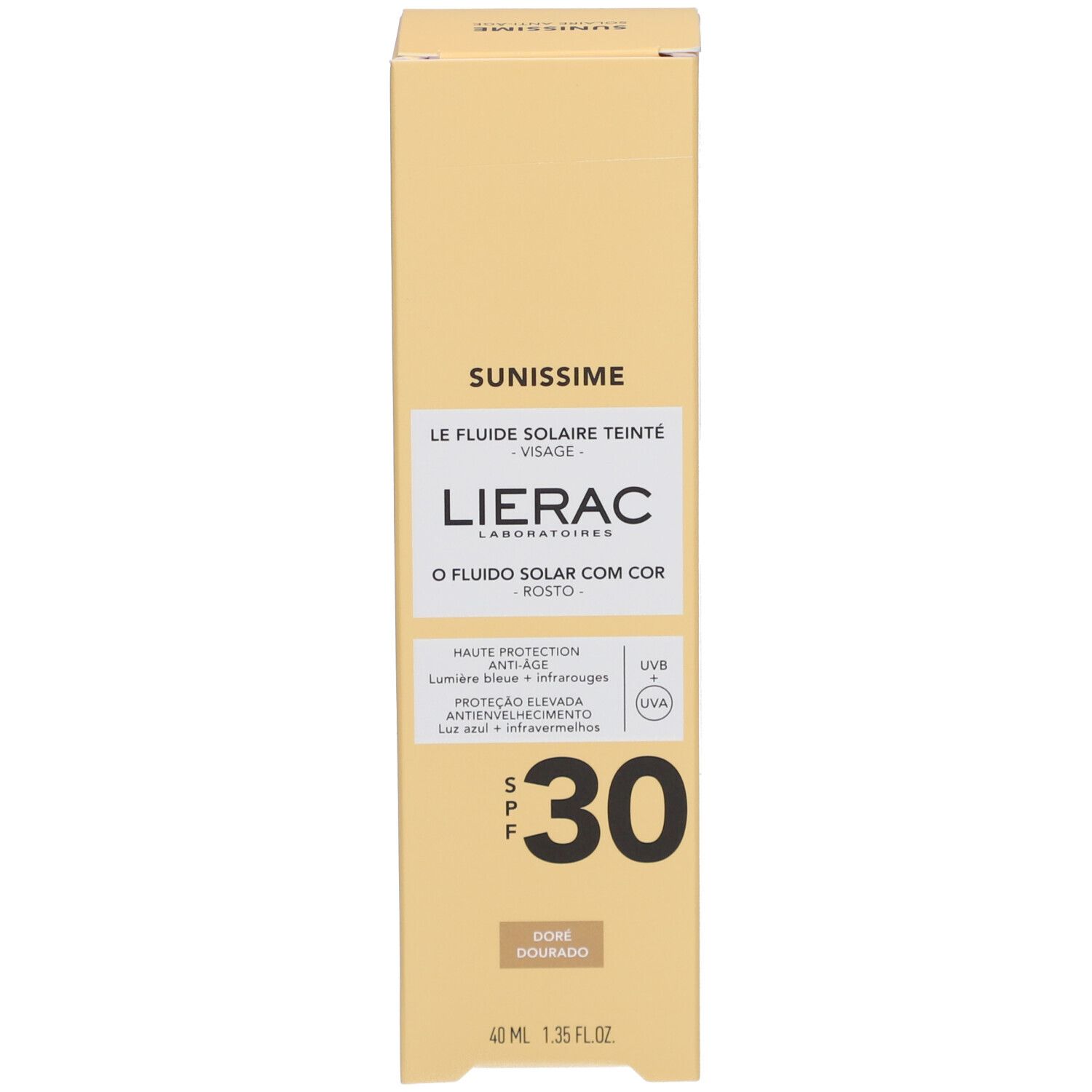 Verpakking Lierac Sunissime Le Fluide Teinté SPF30. Beige verpakking met productinfo en SPF 30.