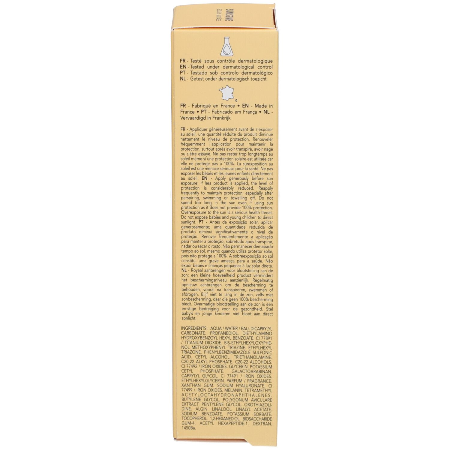 Zijkant van de Lierac Sunissime Le Fluide Teinté SPF30 verpakking. Meertalige tekst, ingrediënten.