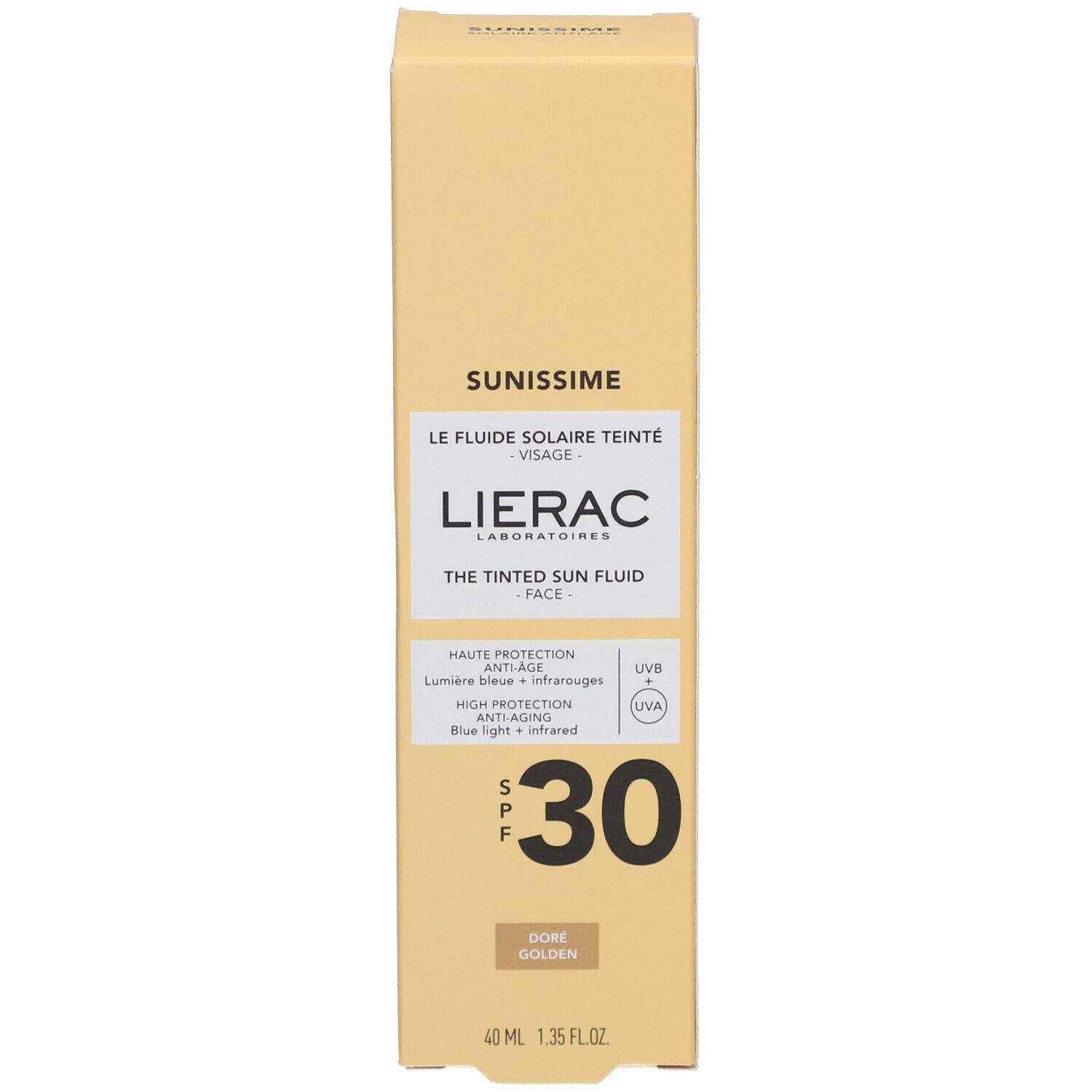Voorkant van de Lierac Sunissime Le Fluide Teinté SPF30 verpakking. Naam, SPF 30, tint.
