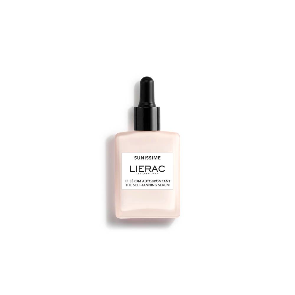 Sérum autobronzant Lierac Sunissime. Flacon avec compte-gouttes noir. Inscription : Lierac, The Self-Tanning Serum.