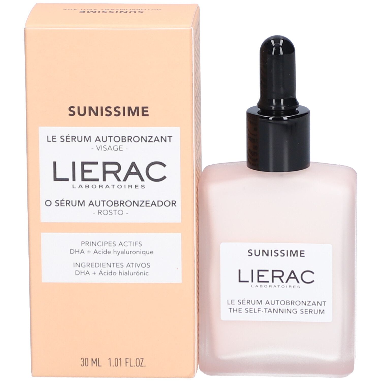 Sérum autobronzant Lierac Sunissime. Flacon et emballage. Ingrédients principaux : DHA et acide hyaluronique. 30 ml.