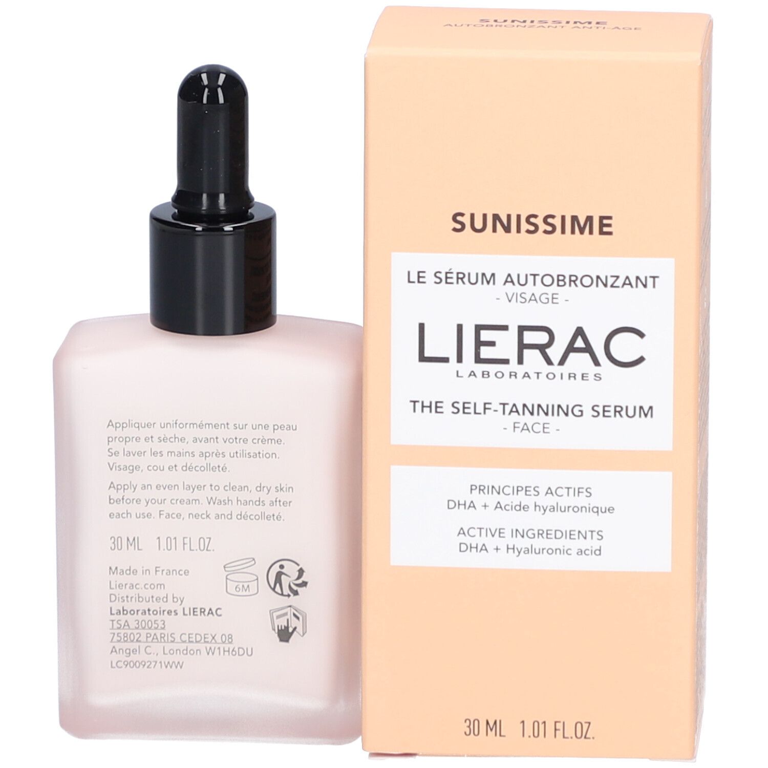 Sérum autobronzant Lierac Sunissime. Flacon et emballage. Instructions d'utilisation sur le flacon. 30 ml.