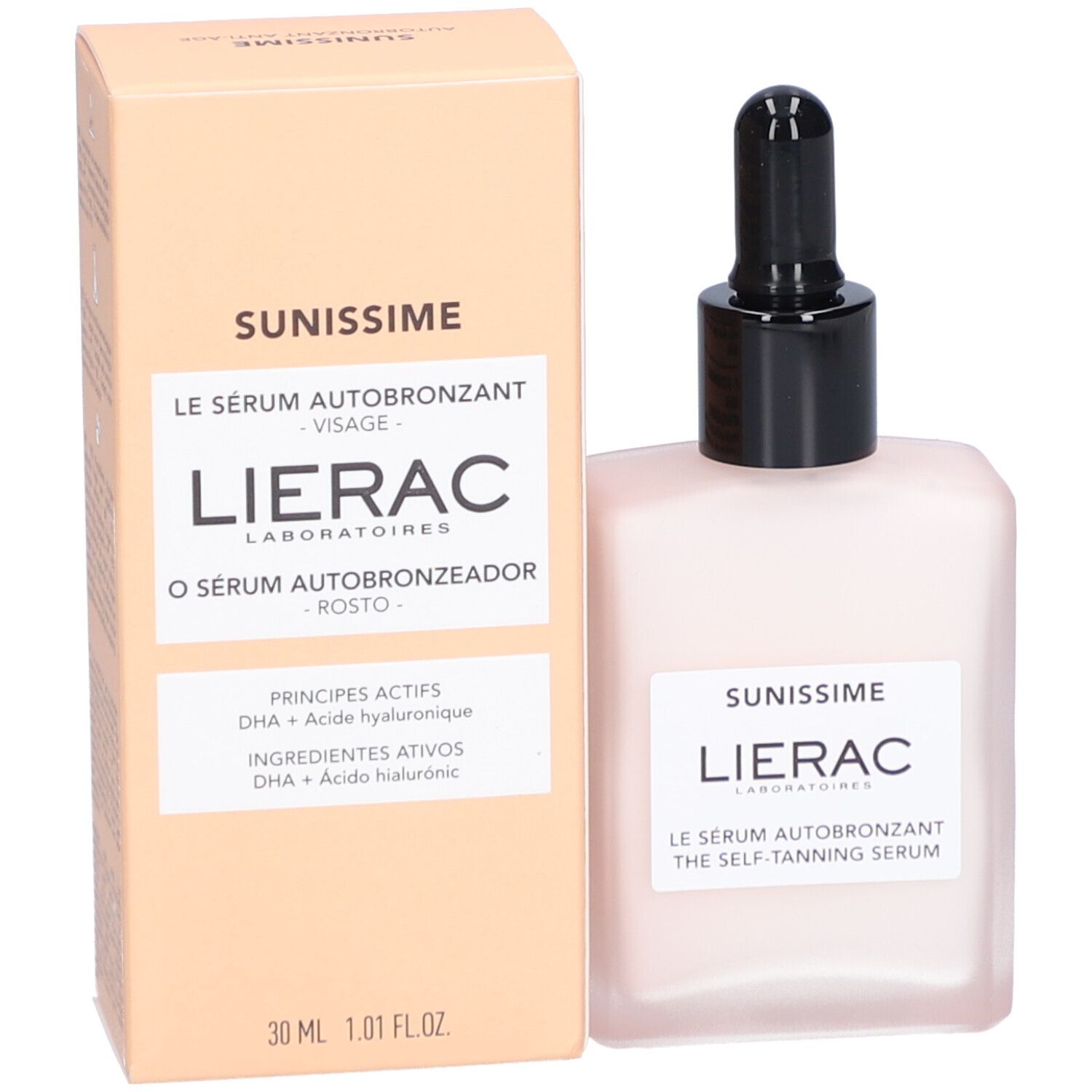 Sérum autobronzant Lierac Sunissime. Flacon et emballage. Ingrédients principaux : DHA et acide hyaluronique. 30 ml.