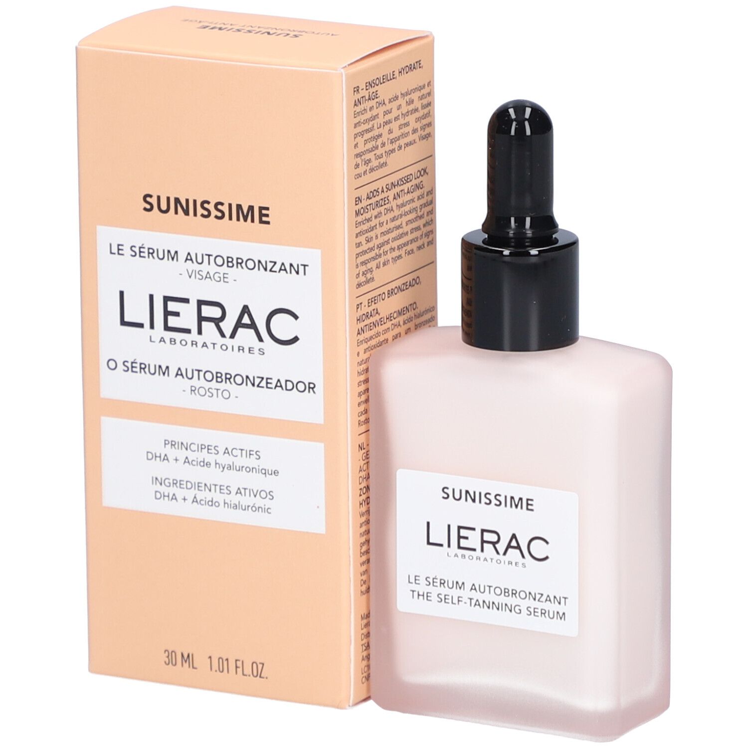 Sérum autobronzant Lierac Sunissime. Flacon et emballage. 30 ml. Texte sur l'action anti-âge et les propriétés hydratantes.